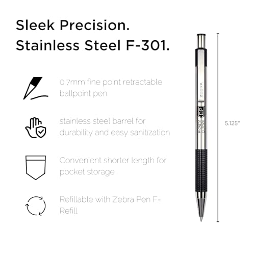 Zebra Pen F-301 Ballpoint Black Ink Fine Point 0.7mm Pen, Easy-Glide Ink, Stainless Steel Retractable, Non-Slip Grip, Professional Design, Ideal for Office, Journal and Planner Use, 12-Pack (27110)