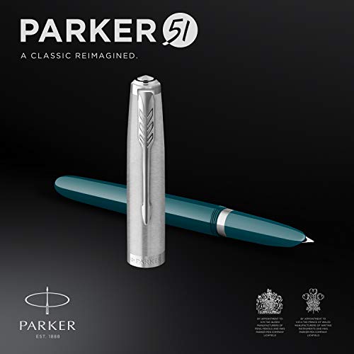 Parker 51 Fountain Pen Teal Blue Barrel with Chrome Trim Fine Nib with Black Ink Cartridge Gift Box