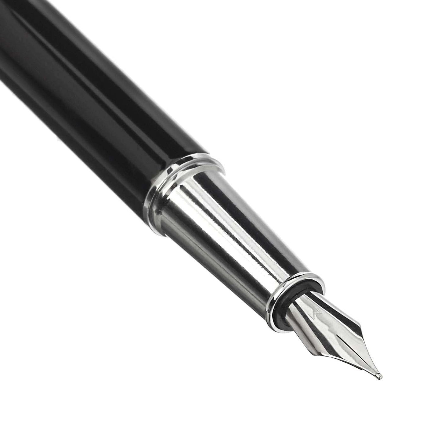Amazon Basics Refillable Fountain Pen with Smooth Writing, Medium Point, Black Metal Barrel, Black Ink, 2 Replacement Cartridges