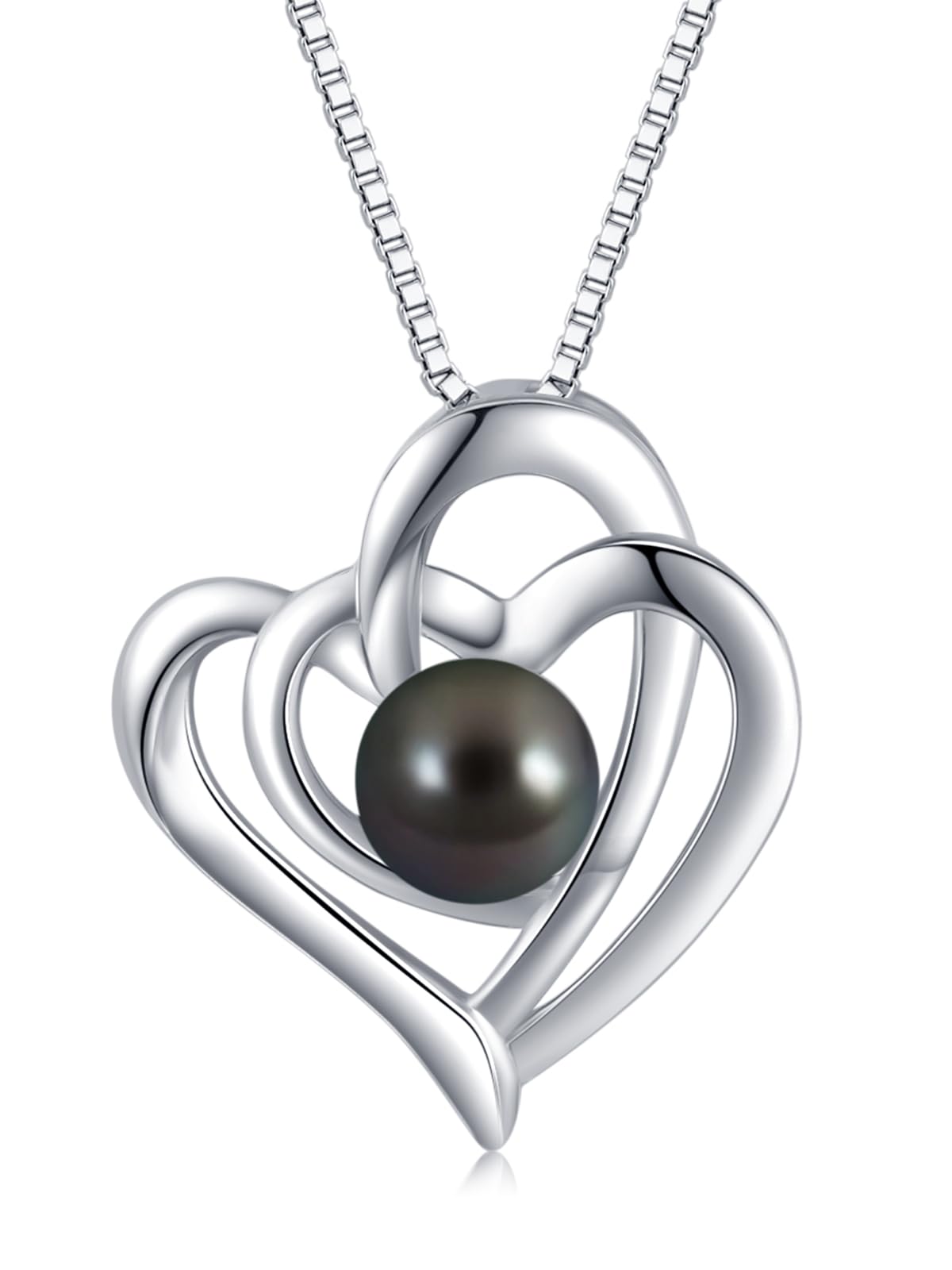 KANNSOAR Tahitian Black Pearl Necklace for Women 18K White Gold Plated Sterling Silver Heart Pendant 7MM Pearl Jewelry Wedding Birthday Anniversary Christmas Gifts for Wife Mom Girlfriend Lover Her