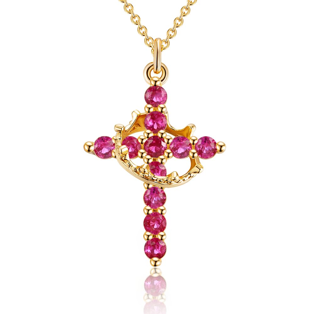 Robaice Birthstone Crown Cross Necklace for Women, Gold-Plated Christian Faith Necklace, Cross Jewelry Gift for Women, January Red Garnet Gift
