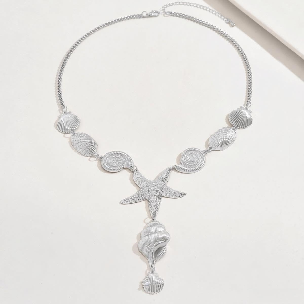 VIYPDRST Starfish Shell Necklaces For Women Big Seashell Beach Conch Y-Shaped Pendant Boho Summer Statement Beach Collar Holiday Jewelry (Silver)
