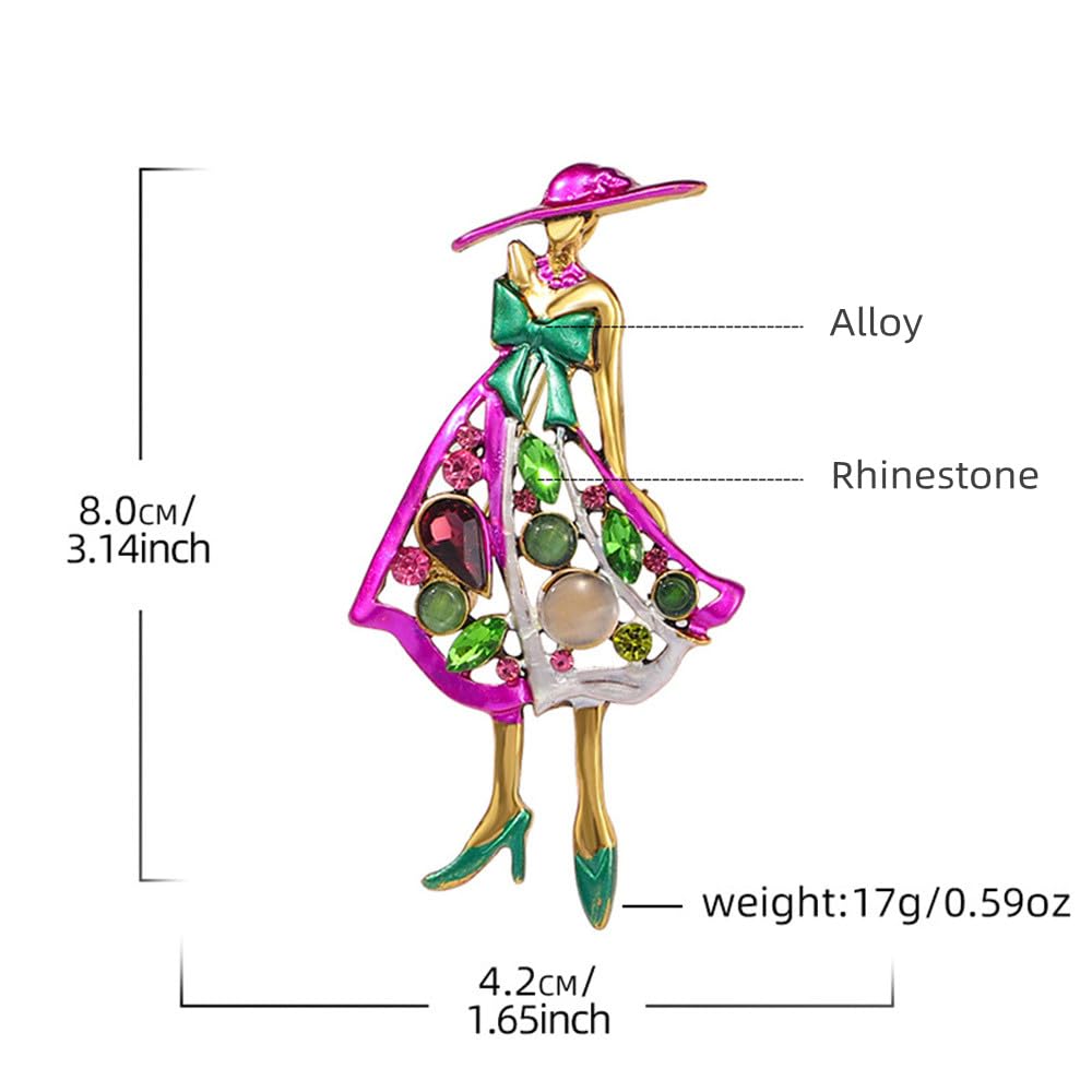 Rhinestone Lady Brooch Pin for Women Girls Fashion Pink Green Crystal Enameled Hat Bag Brooches Lapel Pins Breastpin Sorority Sisterhood Dress Accessories Jewelry Dainty Gift Souvenir
