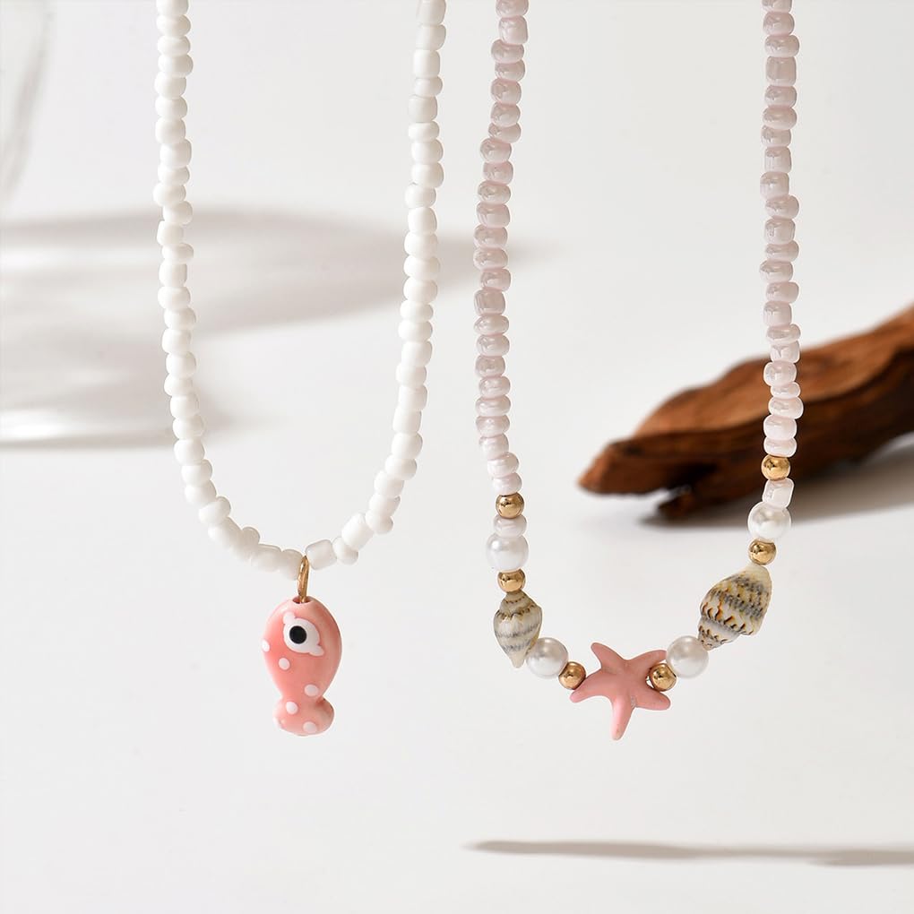 Starfish Conch Layered Necklaces for Women Charm Pearl Beaded Choker Necklace Boho Starfish Fish Pendant Necklaces Trendy Beach Jewlery Accessories (White3)
