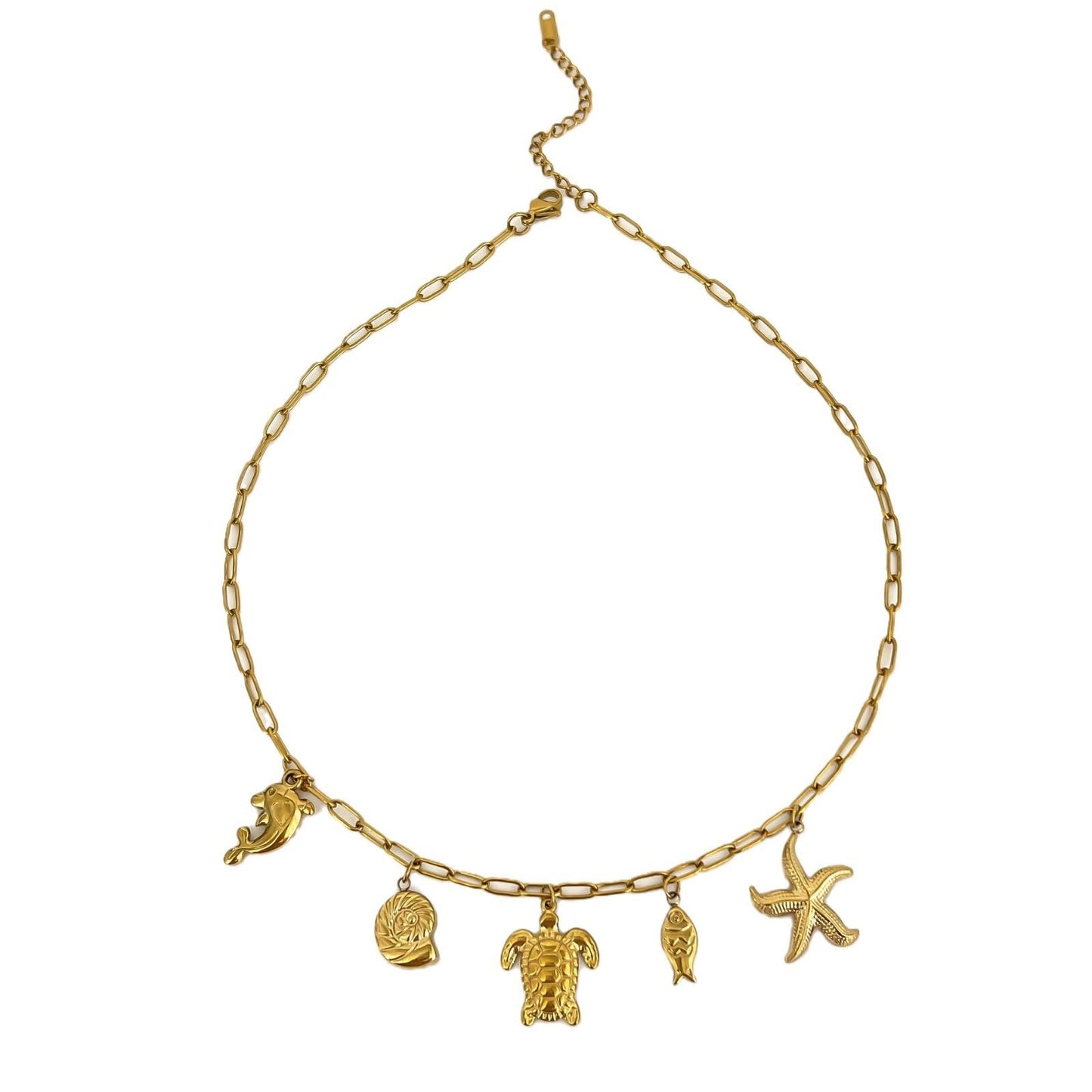 MERGEWORLD Gold Sea Shell And Starfish Necklace For Women Ocean Charm Jewelry -Beach Jewelry with Sea Turtle Dolphin Pendants, Stainless Steel Dainty Beach Gift