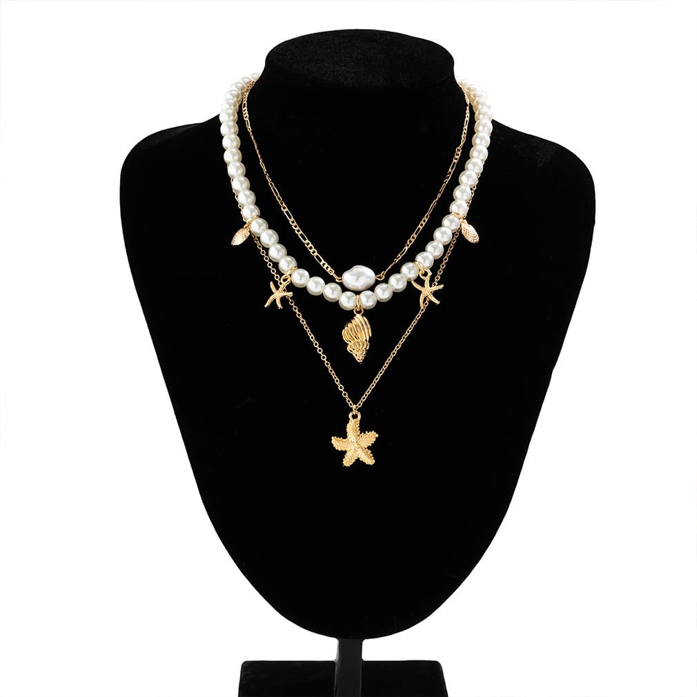 Chunky Gold Layered Pearl Starfish Statement Necklace Dainty Beach Pearls Beaded Seashell Choker Stacked Conch Sea Shell Necklaces Trendy Hawaiian Beachy Jewelry for Women (Gold)