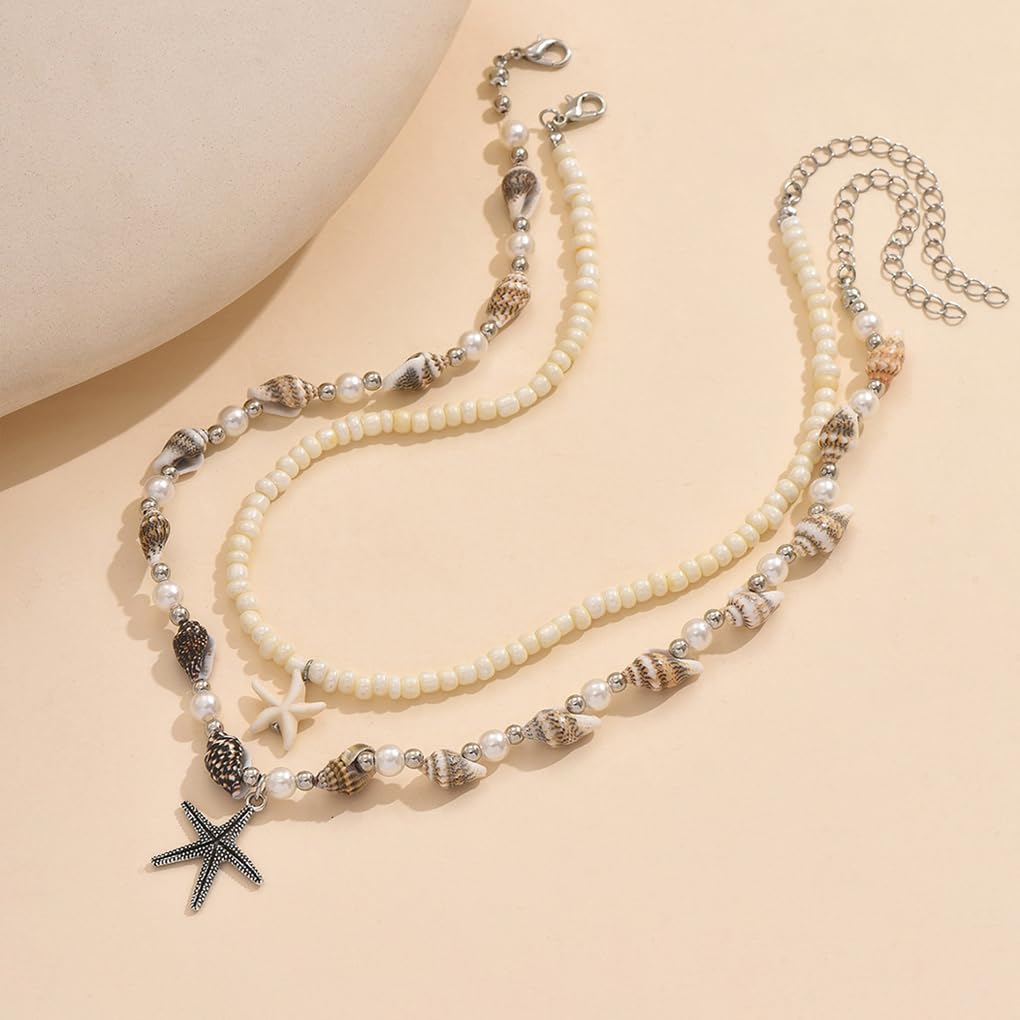 Starfish Conch Layered Necklaces for Women Charm Pearl Beaded Choker Necklace Boho Starfish Fish Pendant Necklaces Trendy Beach Jewlery Accessories (White2)