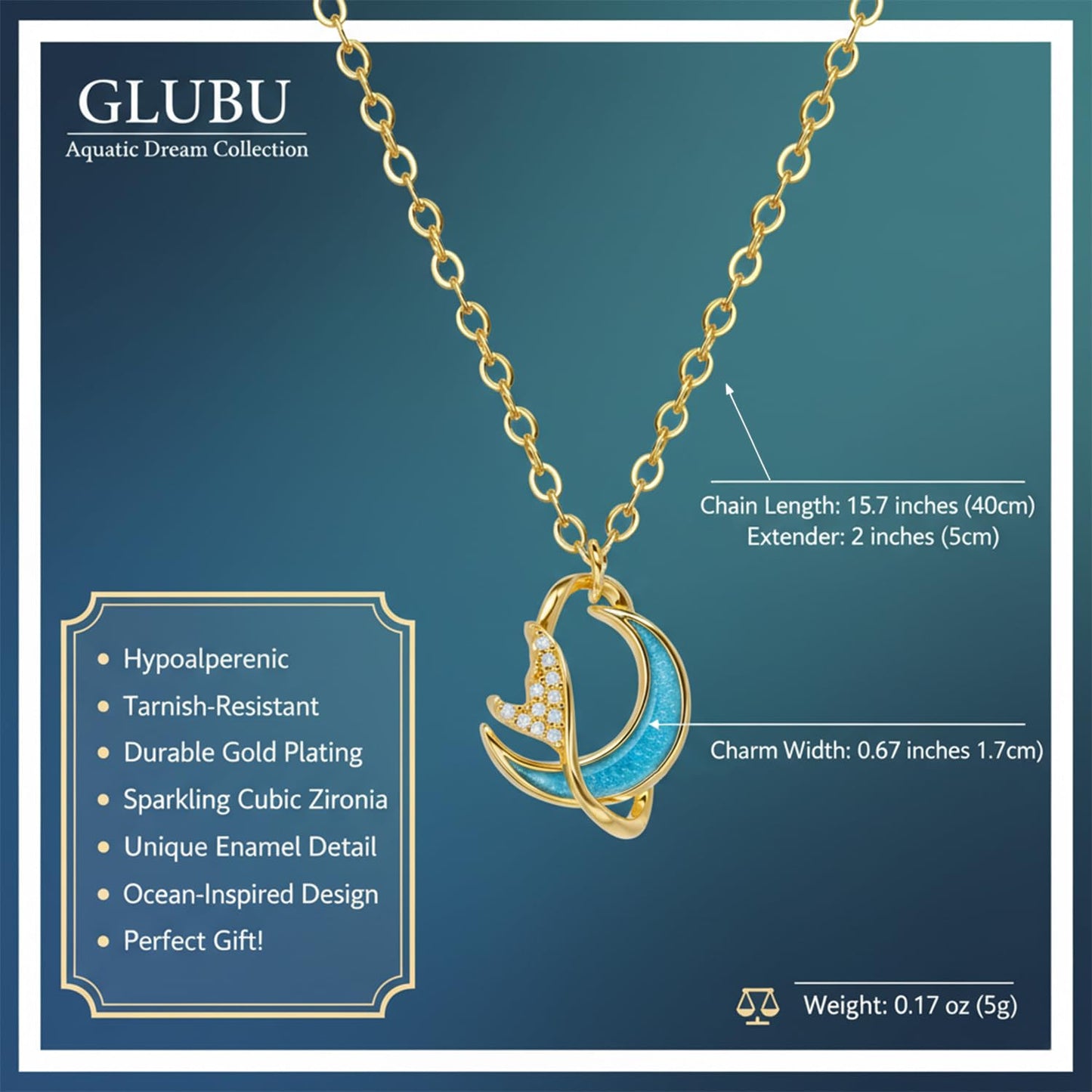 GLUBU Dainty 14K Gold Plated Moon & Fish Ocean Necklace for Women - Summer Beach Jewelry Charm Gift