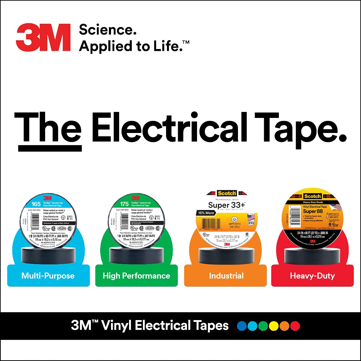 3M Temflex Vinyl Electrical Tape 175, Flame Retardant, Pressure-Sensitive Adhesive, Electrical and Mechanical Protection, Black, 7 mil, 3/4 in x 60 ft, 10 Rolls