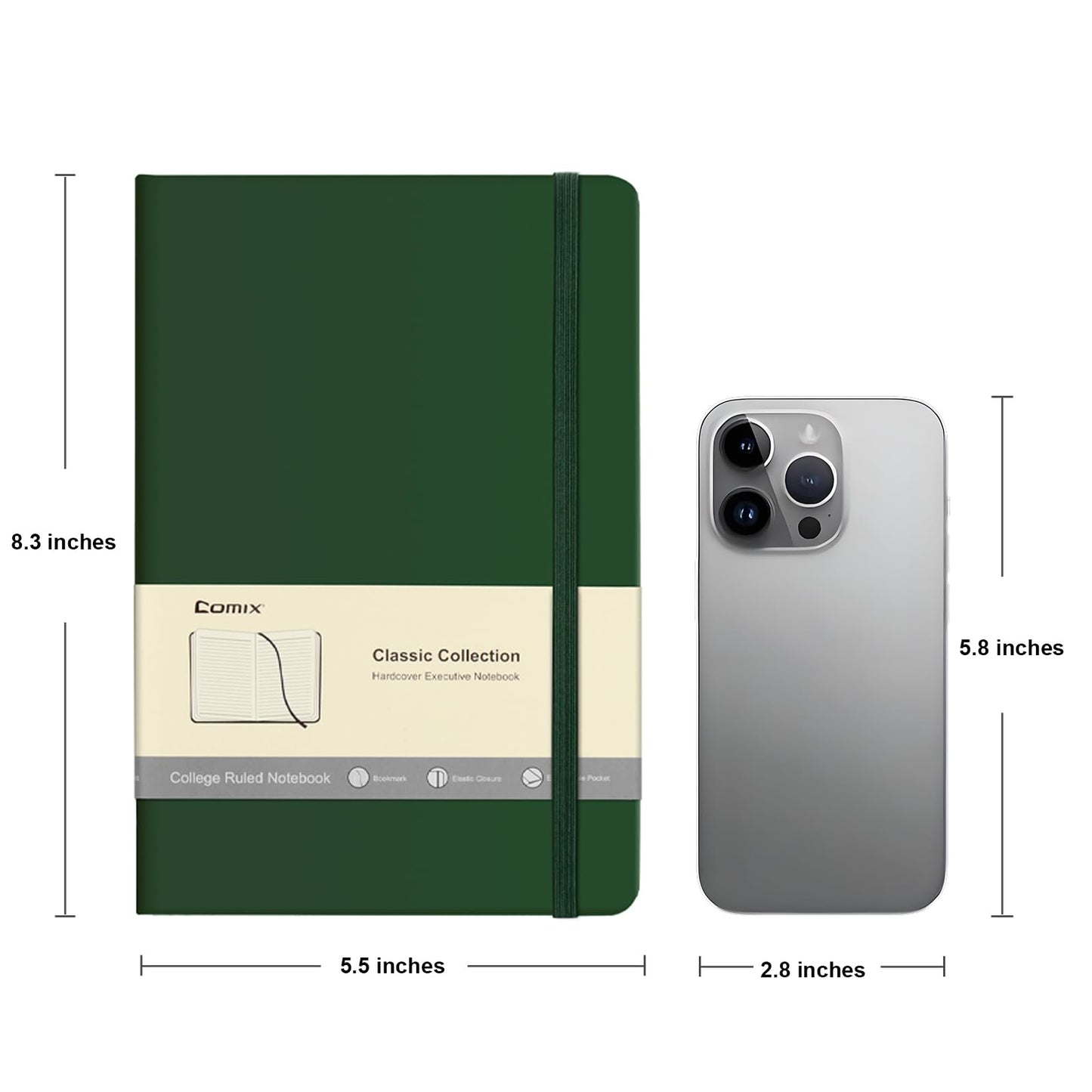 Comix 6 Pack Lined Journal Notebooks for Work, 240 Pages, 5.5"x8.3", Dark Green, Hardcover, A5 Medium College Ruled, Journaling Notebooks for Notes-Taking, Fits for Office School Home