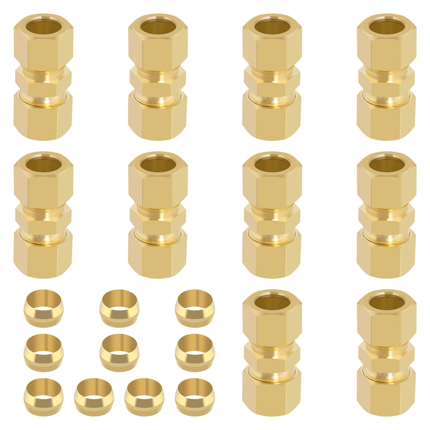 Taiidaues Brass Compression Tube Fitting, 10 PCS 3/8" OD Compression Union Connectors & 10 PCS Compression Sleeves Ferrules
