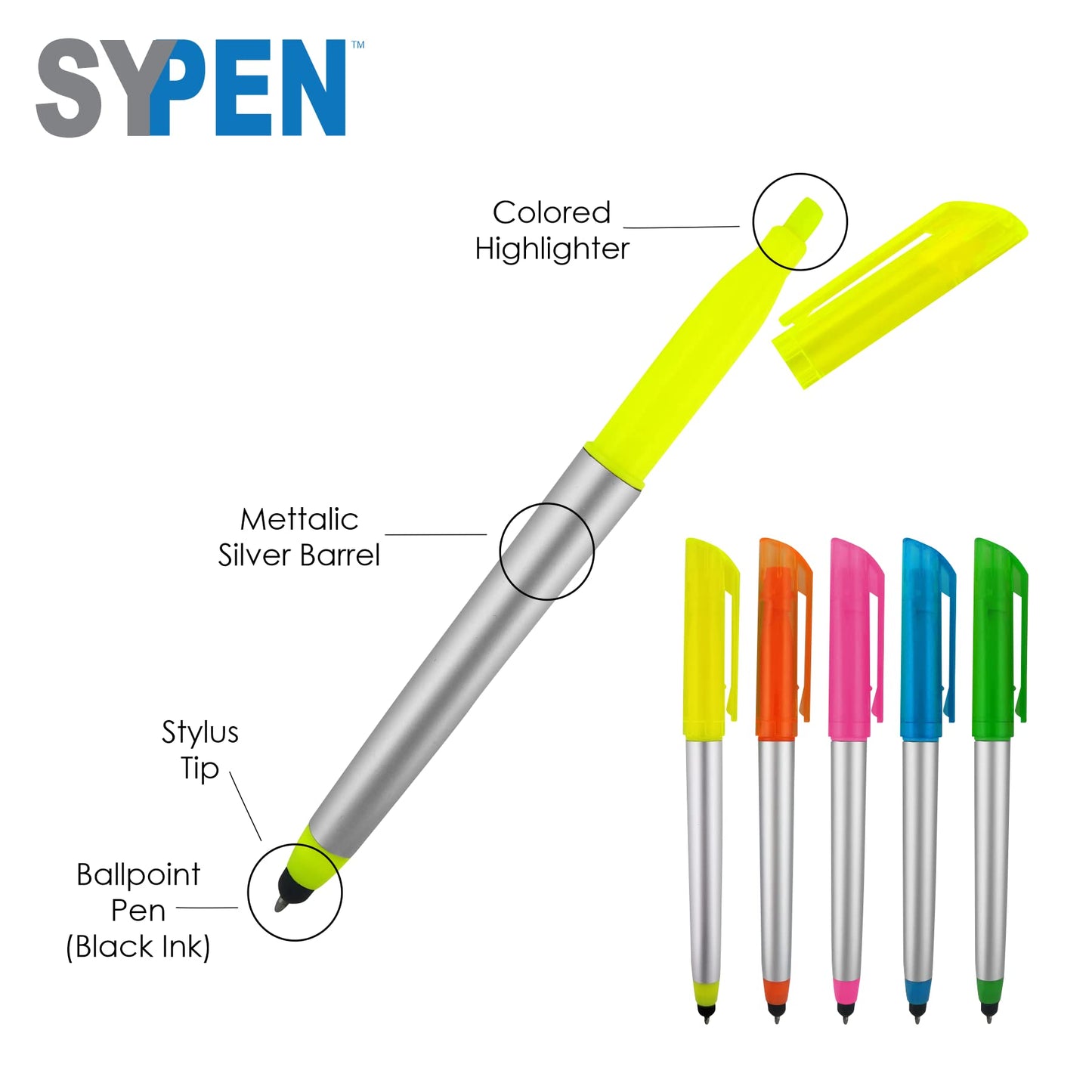 Personalized Pens with Highlighter and Stylus -250 Pack Bulk-Free Imprint - 3 In Highlighter, Ballpoint Pen, and Stylus Combo- add Custom Business Name, Logo or Gift Message- Assorted, Black Imprint