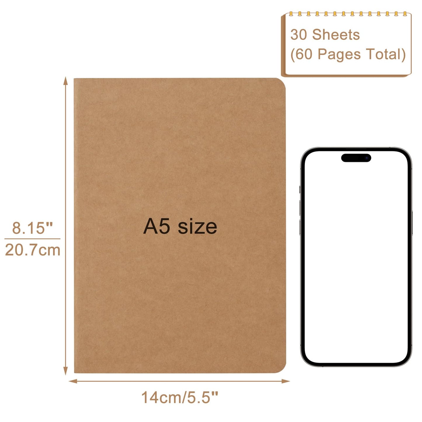 ZCZN 100 Pack A5 Kraft Notebooks Bulk, 8.15x5.5 Inches Lined Paper Journaling Notebooks, Notebooks for Work, Composition Notebooks for School, Journal Notebooks for Office, 60 Pages