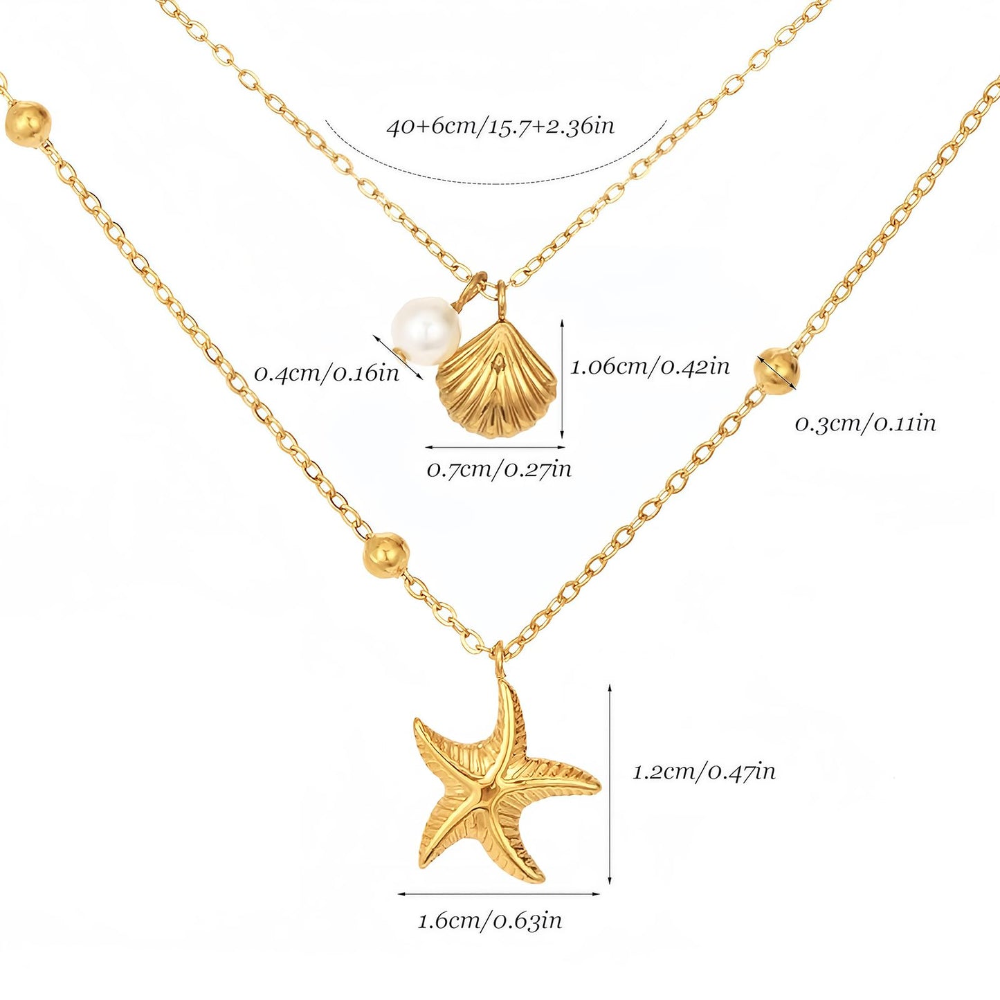 Shell Starfish Necklace for Women, 14k Gold Plated Boho Layered Beaded Charm Pendant Necklace, Dainty Adjustable Pearl Conch Summer Beach Vacation Jewelry Gifts(Shell&Starfish)