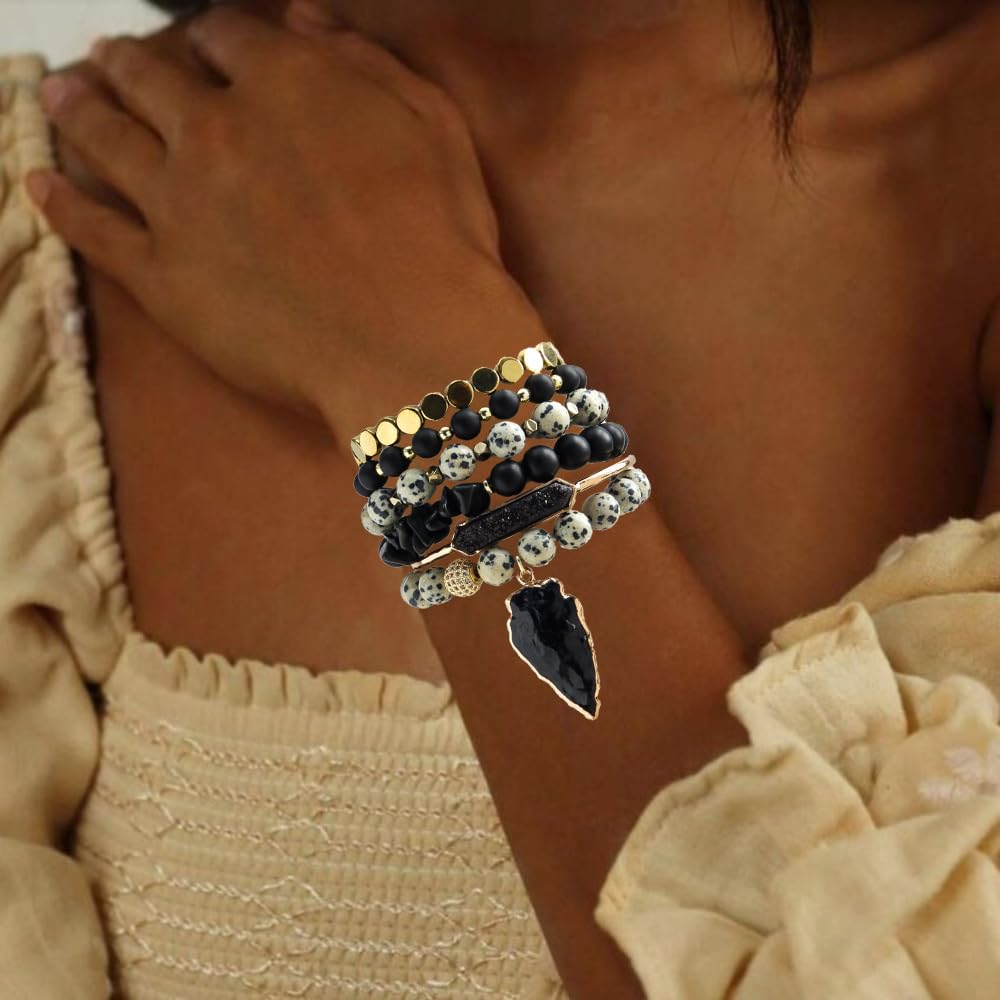 Yomisa Boho Beaded Bracelets/Bangle for Women,Multilayer Wrap 6PCS Healing Natural Jasper Stone Bead Bracelets Stackable Friendship Stretch Beaded Bracelet Set Trendy Bohemian Jewelry Gift for Women
