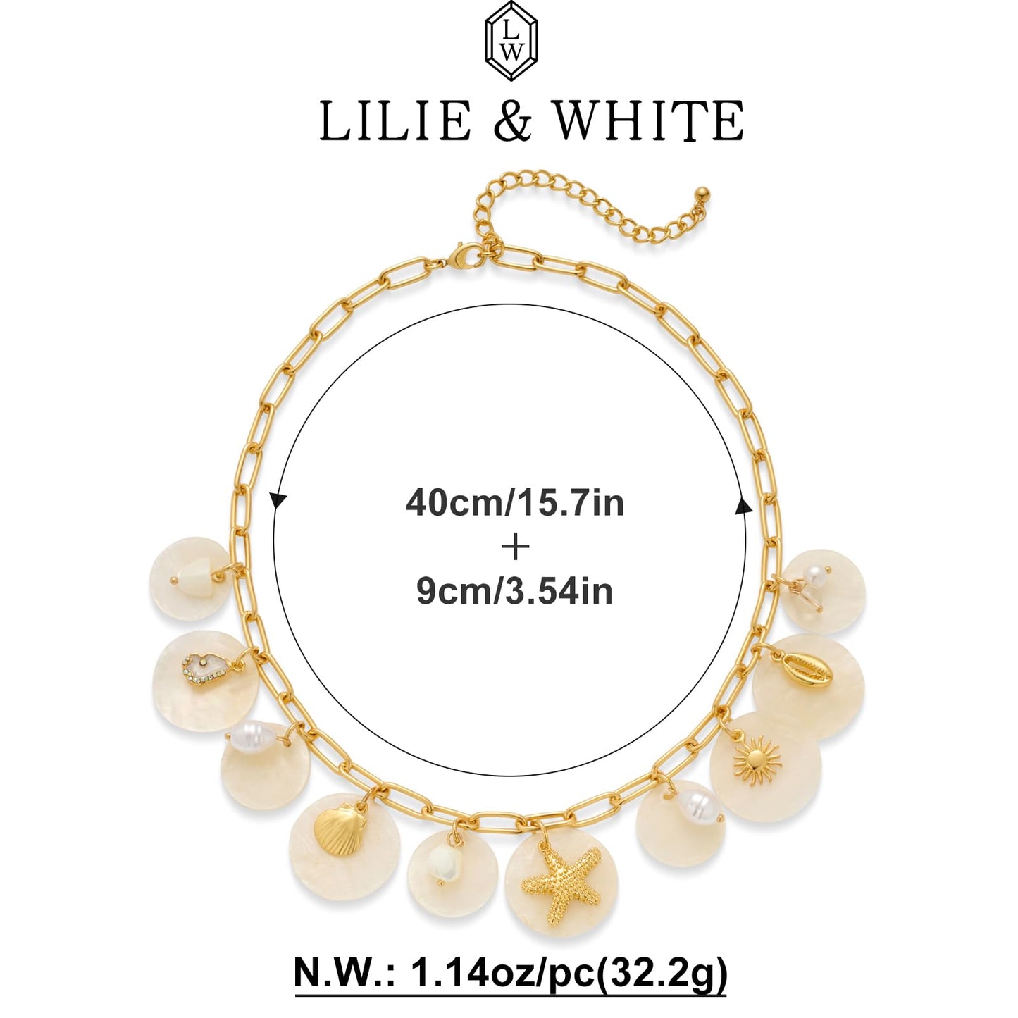LILIE&WHITE Sea Shell Necklace For Women With Ocean Disc Charms Conch Starfish Necklace Summer Beach Necklaces Mermaid Necklaces Paper Clip Chain Fashion Jewelry