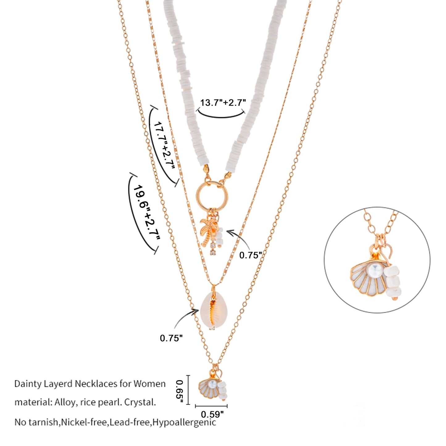 ANDKISS Shell Necklace Gold Layered SeaShell Starfish Pendant Shell Choker Necklace for Women Beaded Chain Charm Necklaces Summer Beach Jewelry