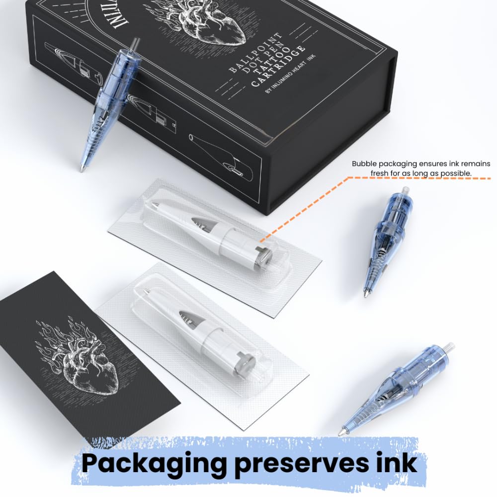 Inlumino Heart Ink Ballpoint Pen Cartridges – Original Black Ink (6-Pack) – Tattoo Practice Cartridges for Rotary Tattoo Machines – Oil-Based Ink for Creating Flash Art – Fake Skin Alternative
