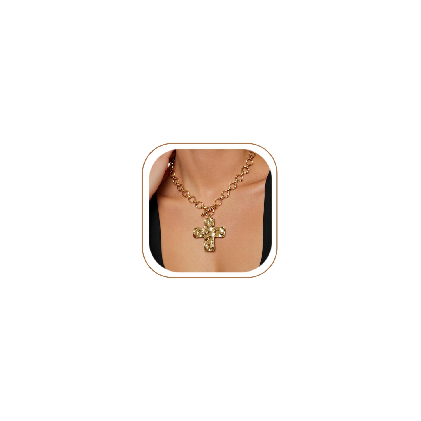 FAXHION Chunky Cross Necklace for Women, Gold Toggle Chain Statement Necklace with Hammered Cross Pendant, Vintage Chunky Necklace Jewelry Gift for Women