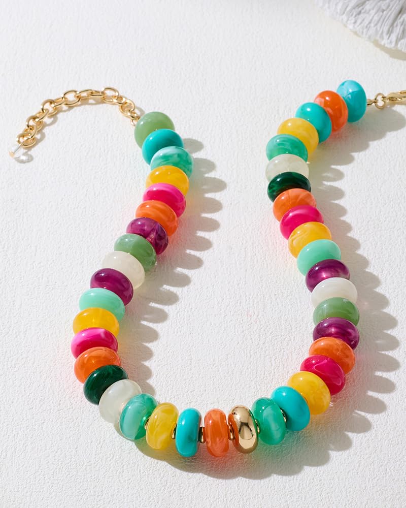 FAUTHENTICUTE Colorful Beaded Necklace for Women Large Flat Round Bead Statement Necklace with Gold Accent Trendy Boho Choker Necklaces Summer Y2K Jewelry Mothers Day Gifts