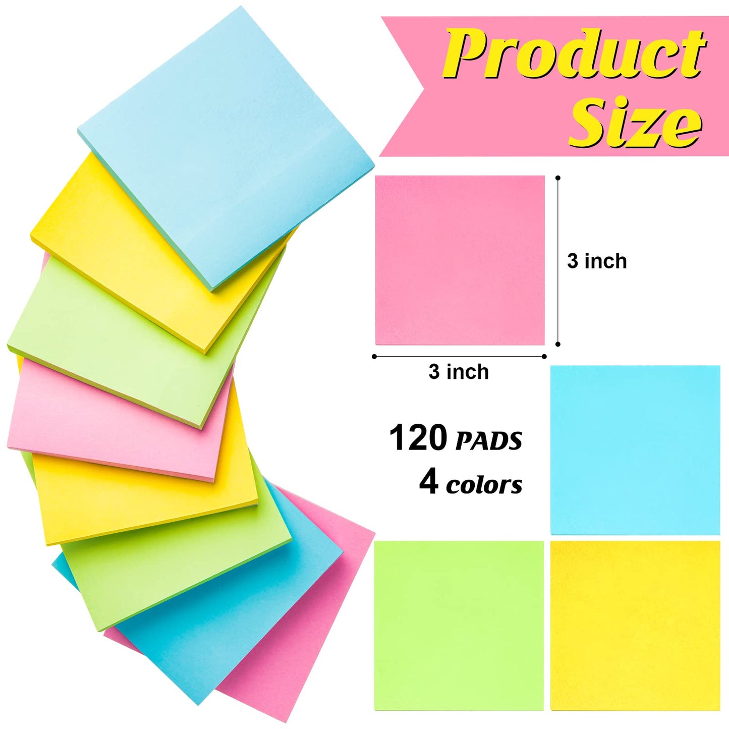 Fainne 120 Pack Sticky Notes Bulk 3 x 3 inch Self Stick Note Pads Multicolor Paper Memo for Office School Supplies Student Teacher Classroom Back to School Essentials, 50 Sheet/Pad(Simple Color)