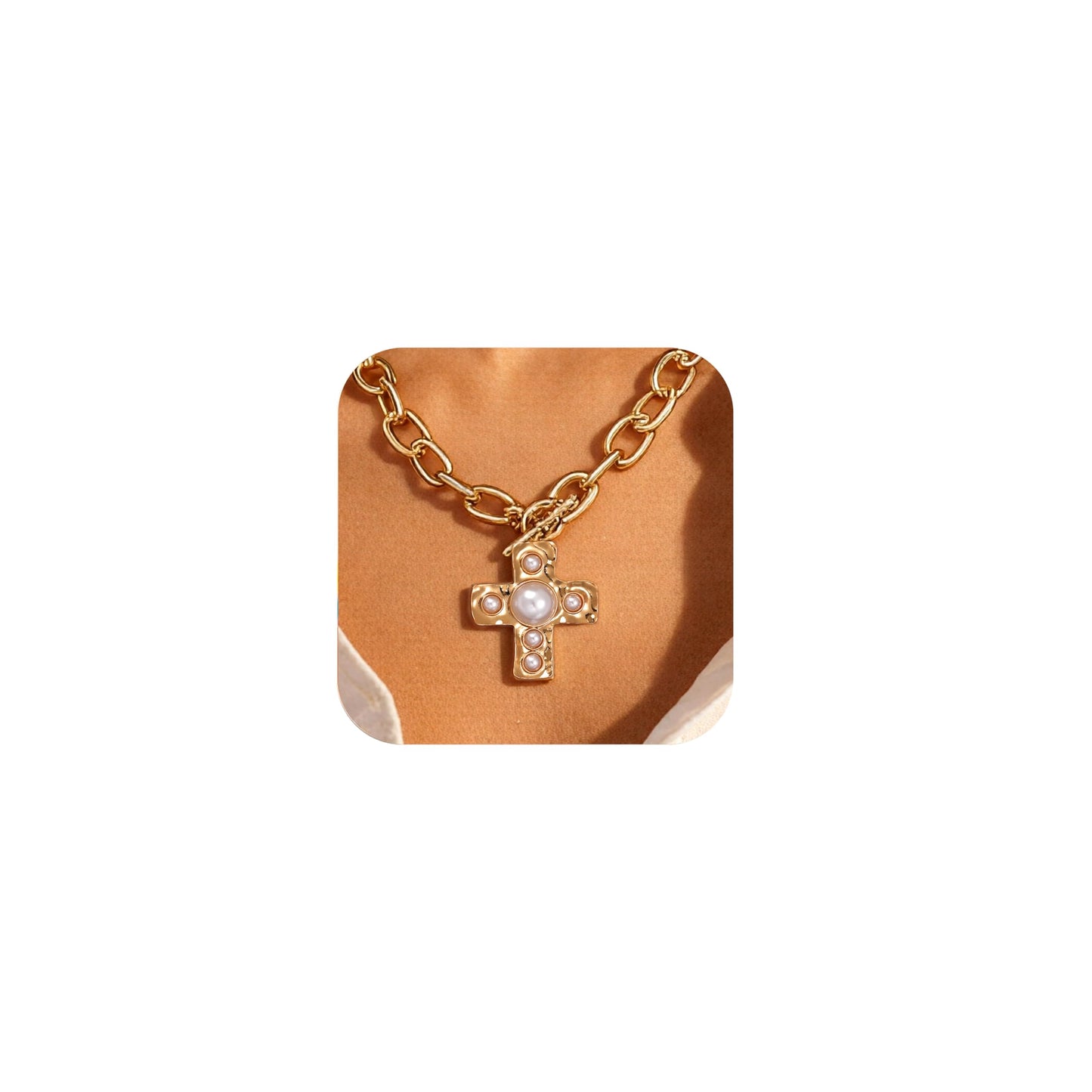 FAXHION Chunky Cross Necklace for Women, Gold Toggle Chain Statement Necklace with Hammered Cross Pendant, Vintage Chunky Necklace Jewelry Gift for Women