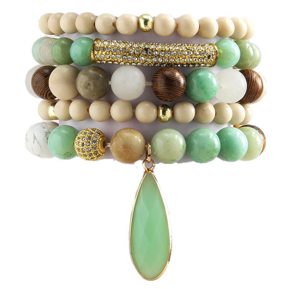 Yomisa Boho Beaded Bracelets/Bangle for Women,Multilayer Wrap 6PCS Healing Natural Pink Crystal Stone Bead Bracelets Stackable Friendship Stretch Beaded Bracelet Set Trendy Bohemian Jewelry Gift