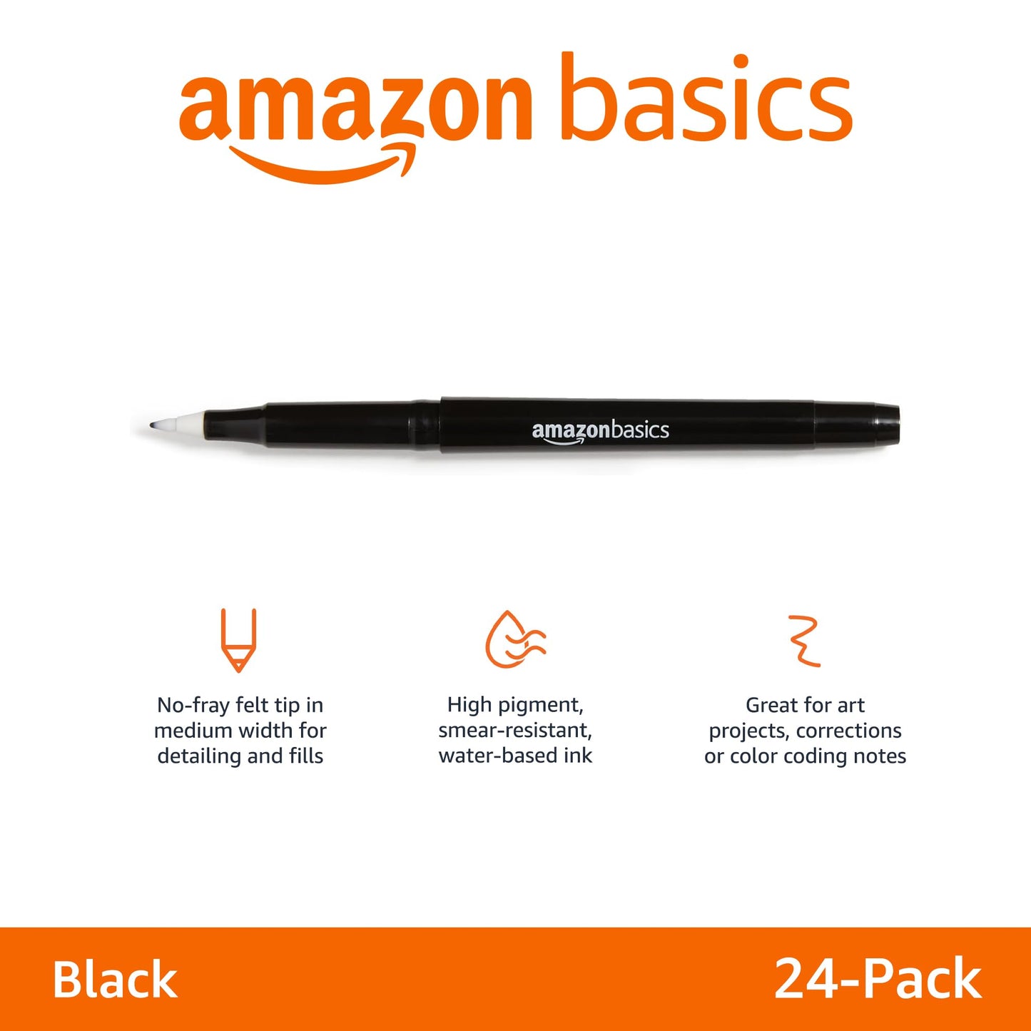 Amazon Basics Felt Tip Marker Pens, Black, Smooth Writing, for Writing, Drawing, Journaling and Note Taking, 24-Pack
