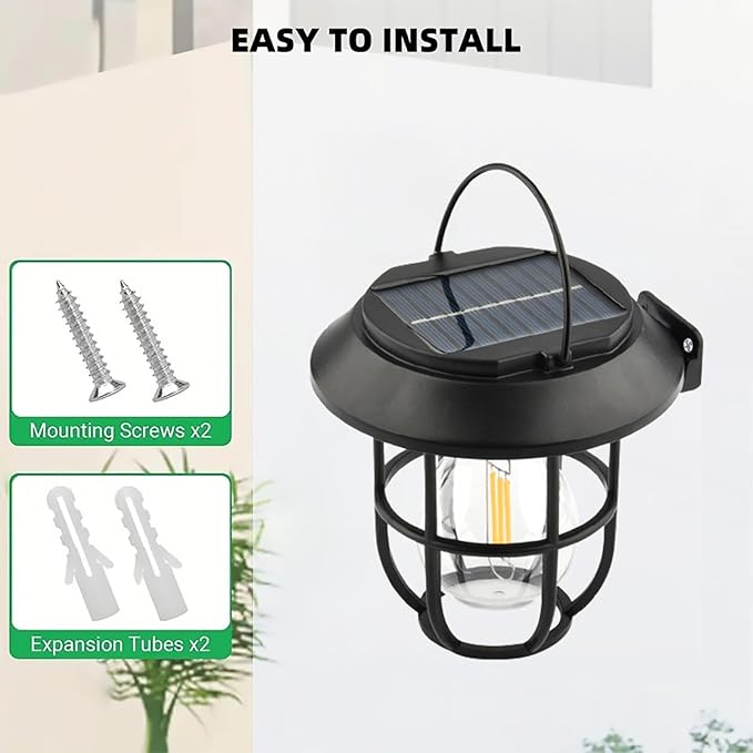 2 Pack Solar Lantern Wall Lights Fixtures with Motion Sensor, Solar Powered Porch Light, Vintage Hanging Solar Wall Sconce Outdoor,for Porch, Yard