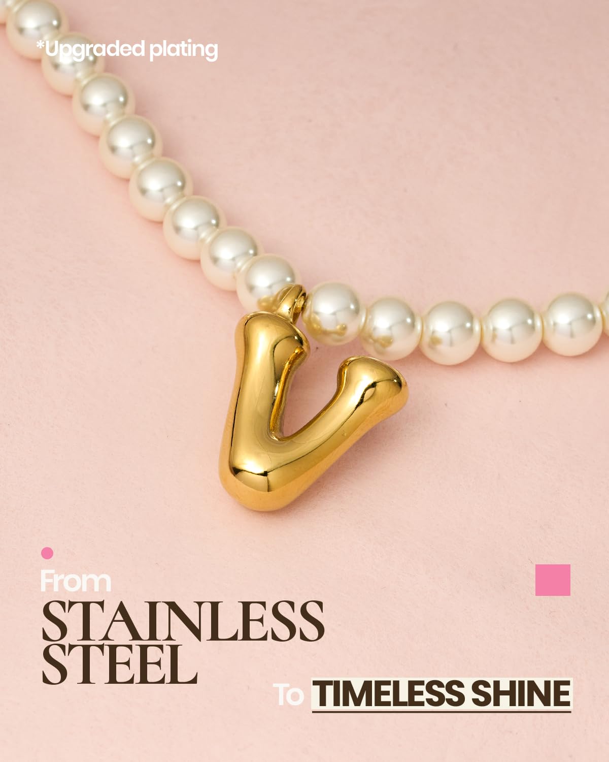 DoDoBeads Pearl Initial Necklace, 18K Gold Plated Stainless Steel Balloon Letter Pendant V, Non-Tarnish Waterproof Chunky Monogram Jewelry Gifts for Women Teens