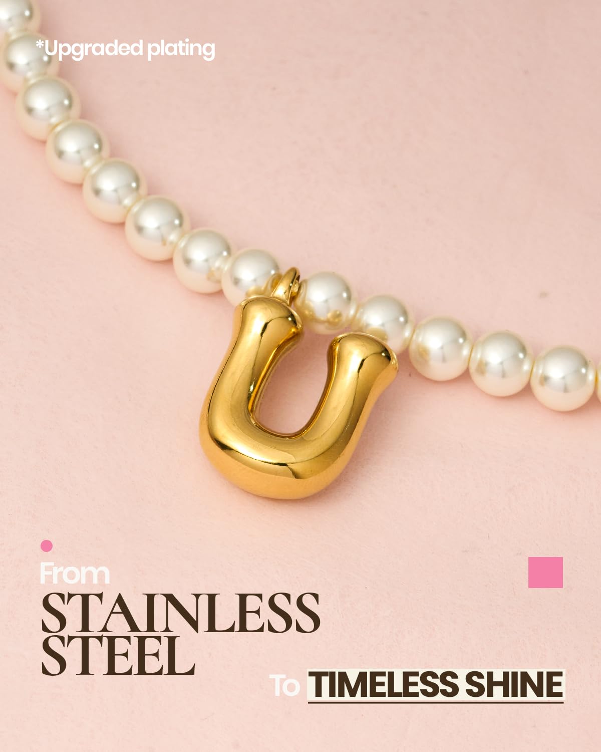 DoDoBeads Pearl Initial Necklace, 18K Gold Plated Stainless Steel Balloon Letter Pendant U, Non-Tarnish Waterproof Chunky Monogram Jewelry Gifts for Women Teens