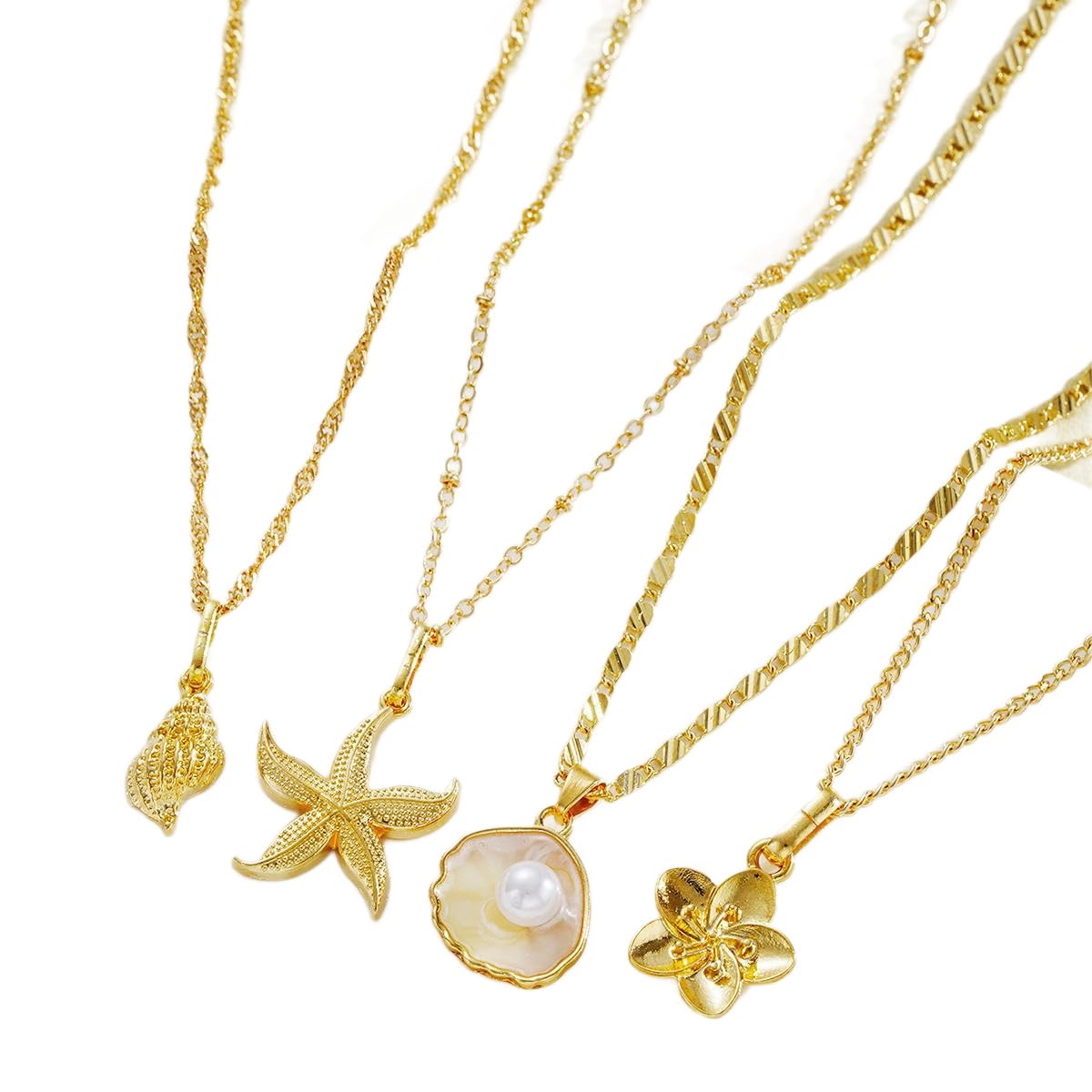 Gold Shell Starfish Necklace for Women Layered Pearl Conch Pendant Necklace Dainty Summer Beach Vacation Boho Jewelry (Gold 4pcs)