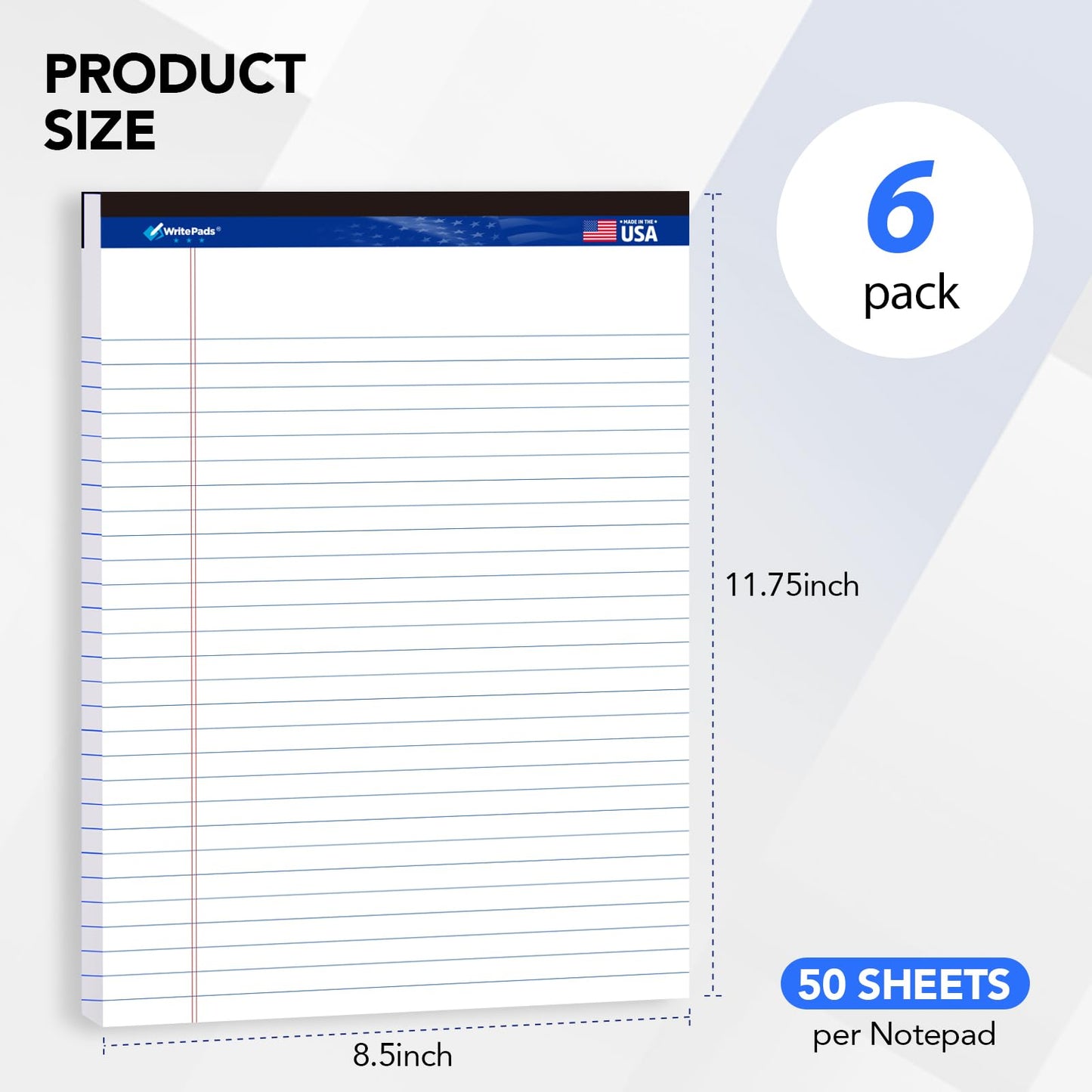 6 Pack Legal Note Pads Wide Ruled 8.5" x 11" Writing Pads (50 Sheets/Pad) White Recycled Paper Micro-Perforated Notepad Hard Back Notepads for Office & School Supplies - Made in USA