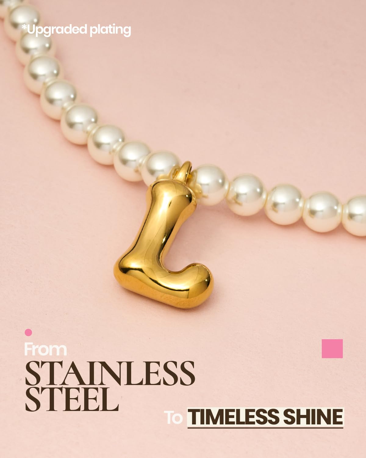 DoDoBeads Pearl Initial Necklace, 18K Gold Plated Stainless Steel Balloon Letter Pendant L, Non-Tarnish Waterproof Chunky Monogram Jewelry Gifts for Women Teens