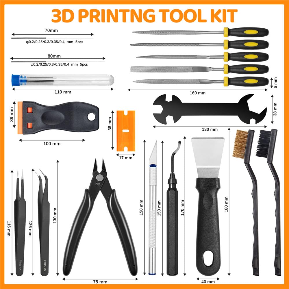 50Pcs 3D Printer Tool Kit & Accessories for All FDM/SLA Printers, Includes Nozzle Cleaning Kit, Scraper, Deburring Tool, Files, Brushes - Complete Starter Kit with Case