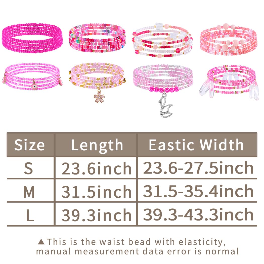 ELABEST 24-39inch African Waist Beads for Women 8Pcs Elastic Belly Beads Colorful Beaded Waist Jewelry Accessories Body Chain (Pink, 23.6inch/60cm)