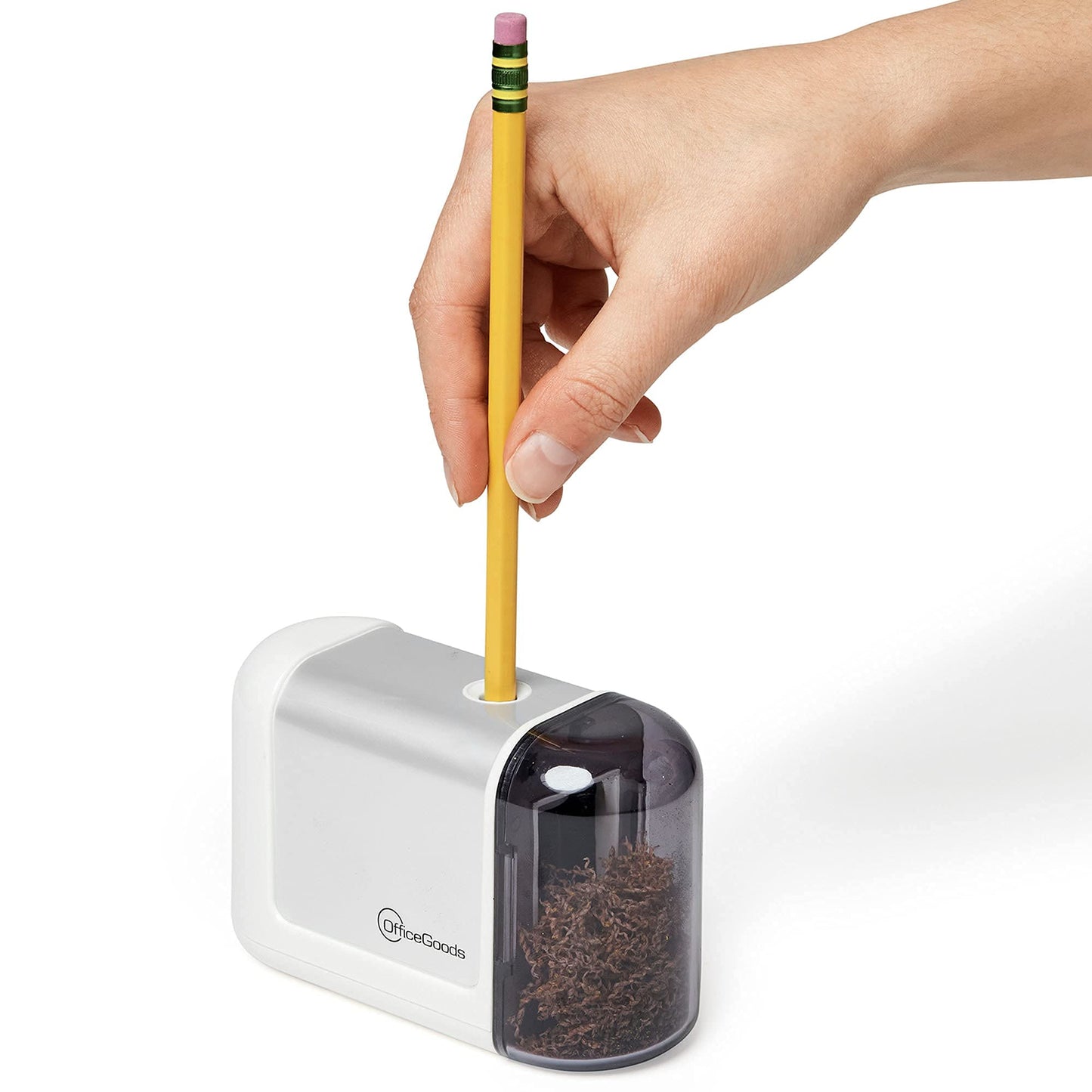 OfficeGoods Mini-Pro Electric Pencil Sharpener - Cordless Portable Sharpener - Battery Operated - Compact & Powerful for Home, Office & School - White