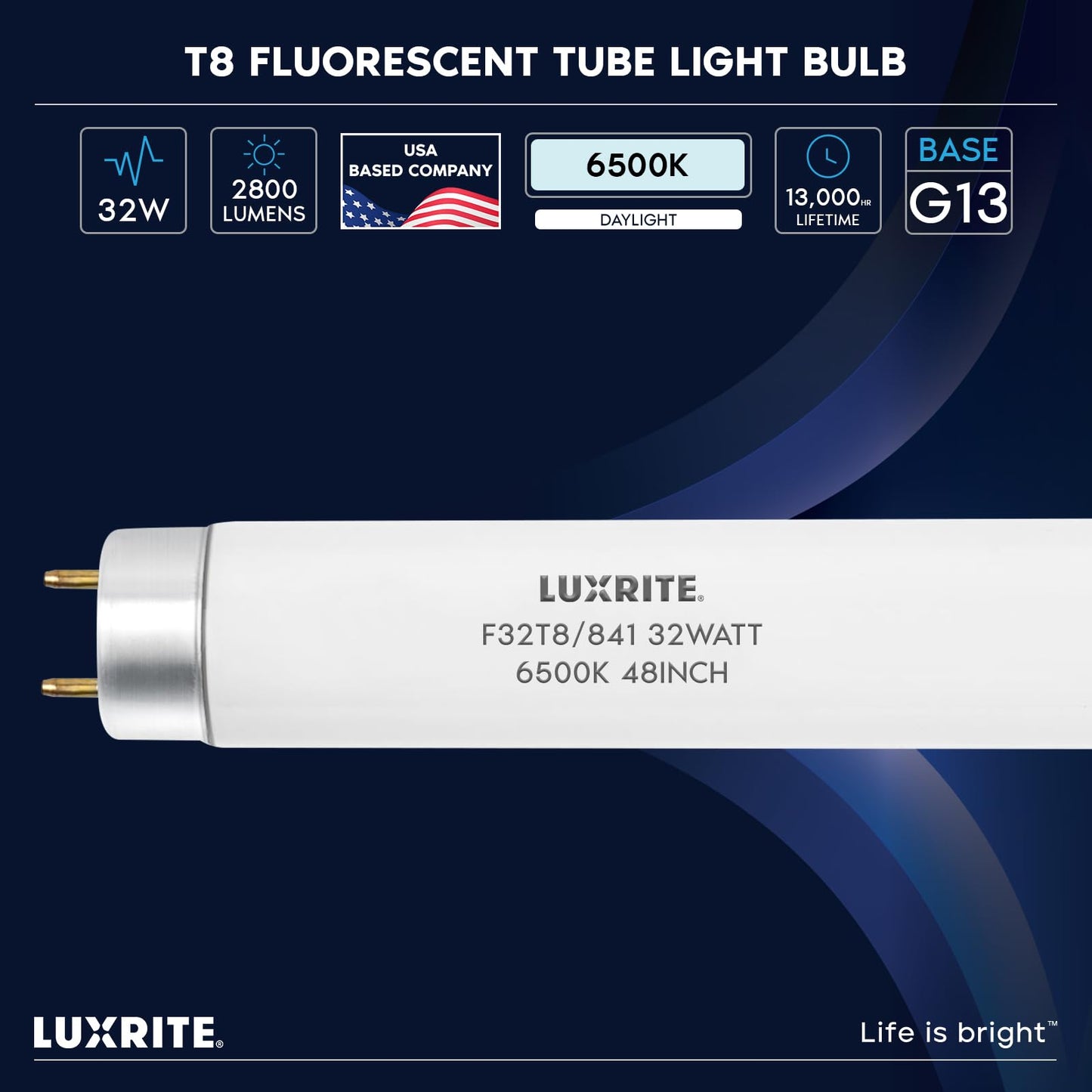 LUXRITE F32T8/865 32W 48 Inch T8 Fluorescent Tube Light Bulb, 6500K Daylight, 2800 Lumens, G13 Medium Bi-Pin Base, LR20735, 6-Pack