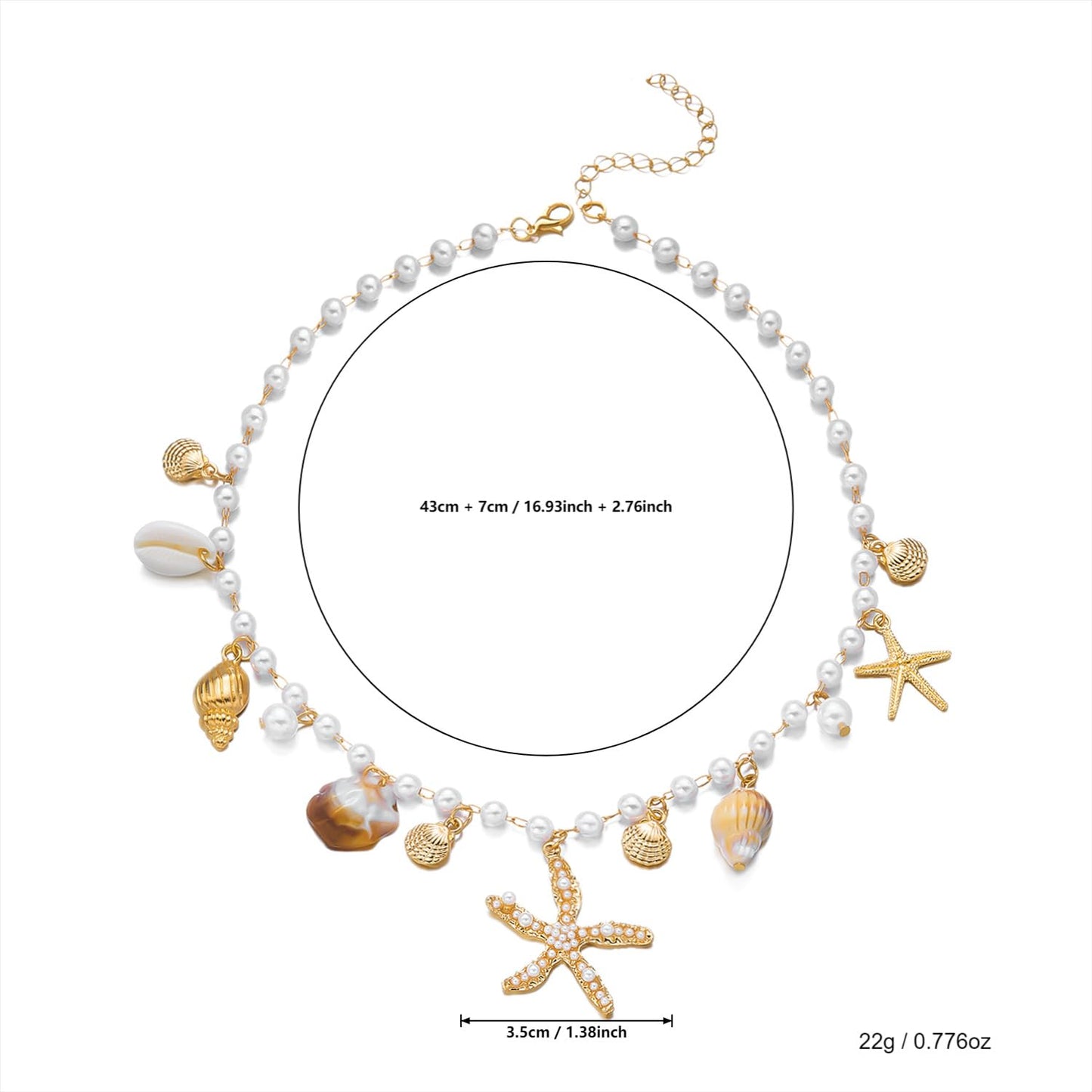 Gold Starfish Seashell Pearl Necklace for Women Gold Pearl Beaded Choker Necklace Summer Boho Starfish Seashell Charm Pendant Necklaces Beach Mermaid Jewelry Accessories