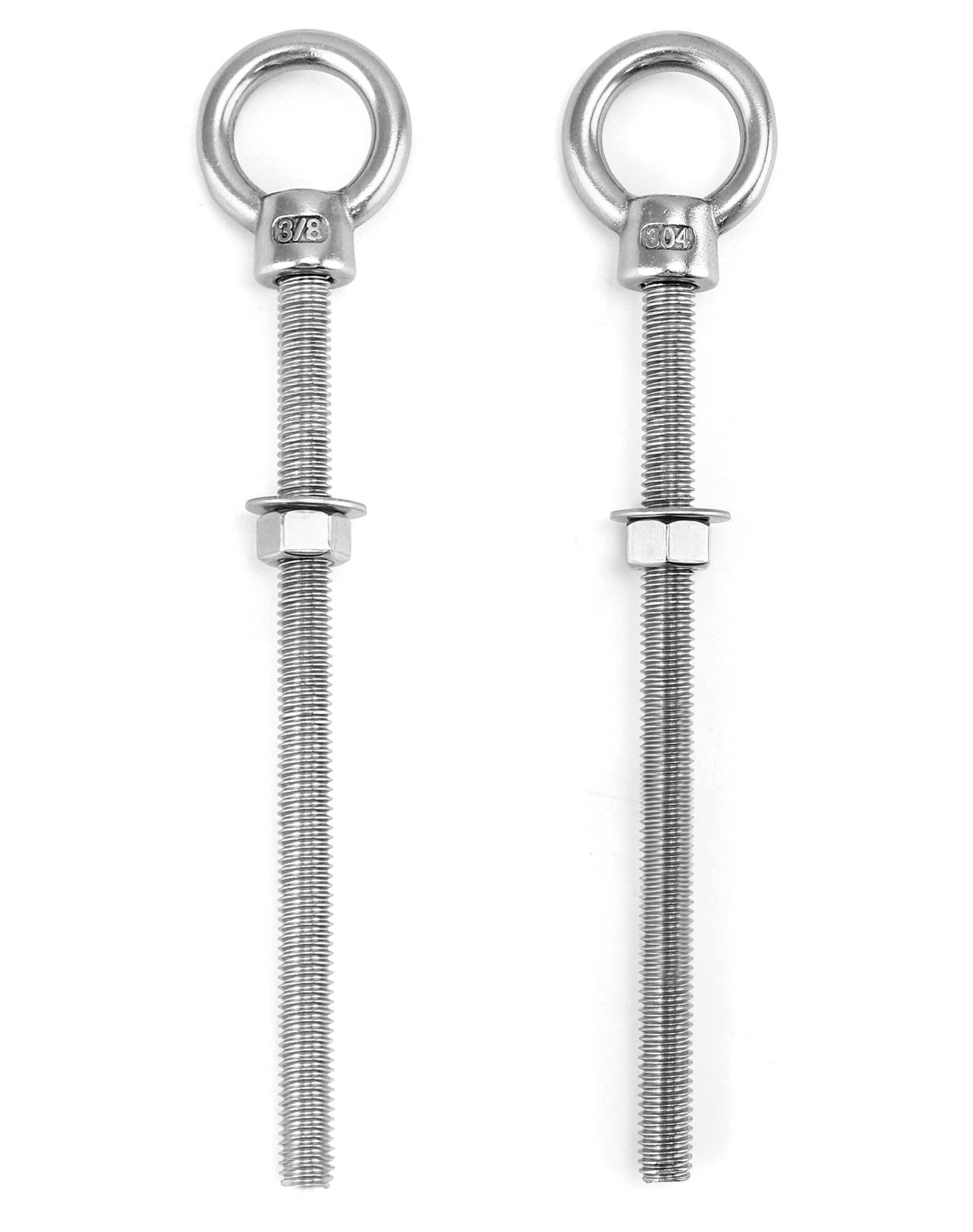QWORK 3/8"x6" Stainless Steel Shoulder Eye Bolts – 10 Pack Machine Thread Set with Nuts for Metal Frame, Rigging & Cable Mounting