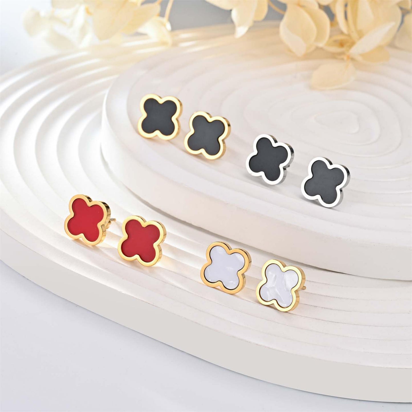 KYJAC Clover Jewelry Set - 18k Gold Plated Pendant Necklace and Stud Earrings - White, Black, Red Four Leaf Clover Design - Gifts for Women (Gold Black Set)