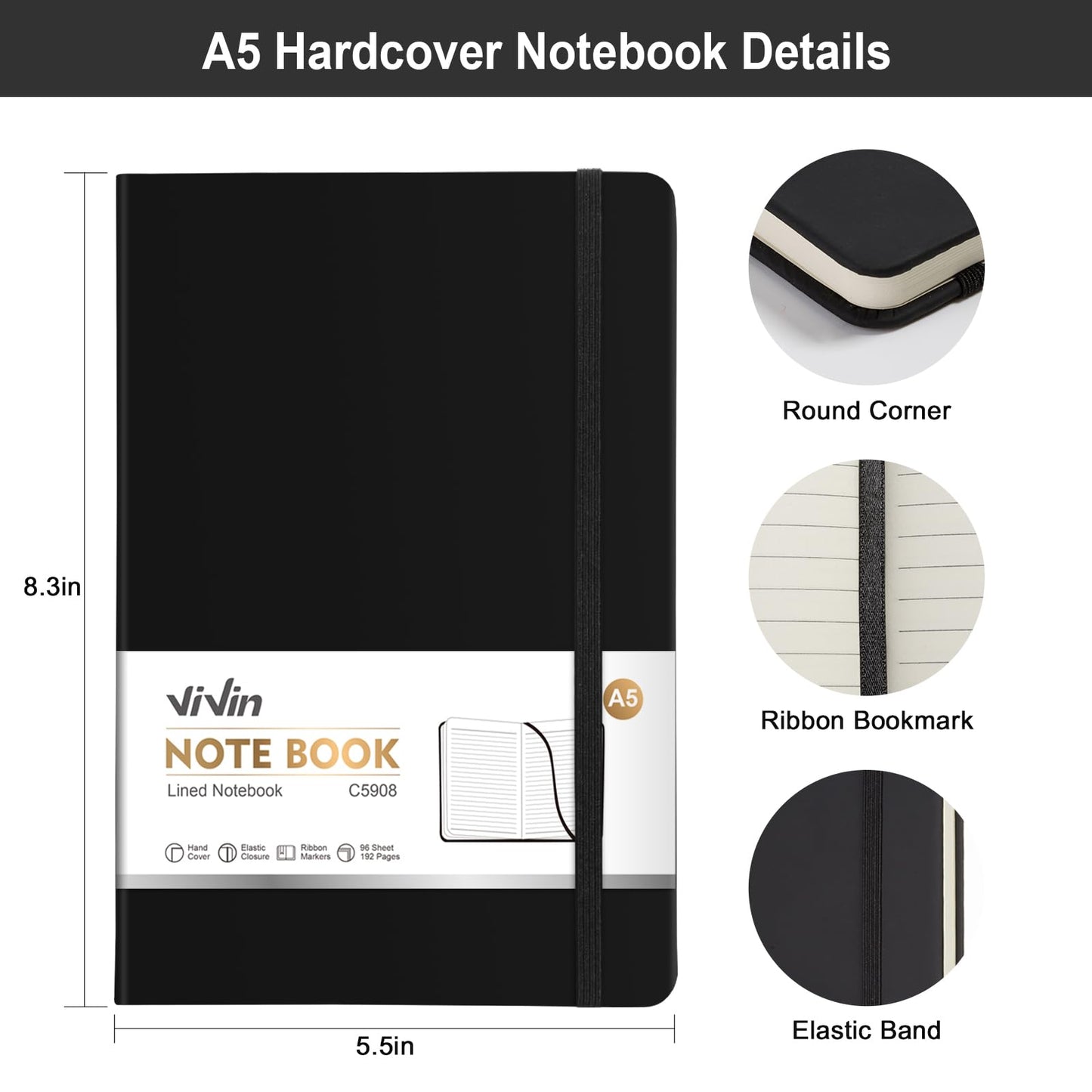 ViVin Lined Journal Notebooks for Work,192 Pages,5.5 x 8.3 inch,College Ruled,A5 Hardcover Journaling Notebooks for Writing,12 Pack Bulk