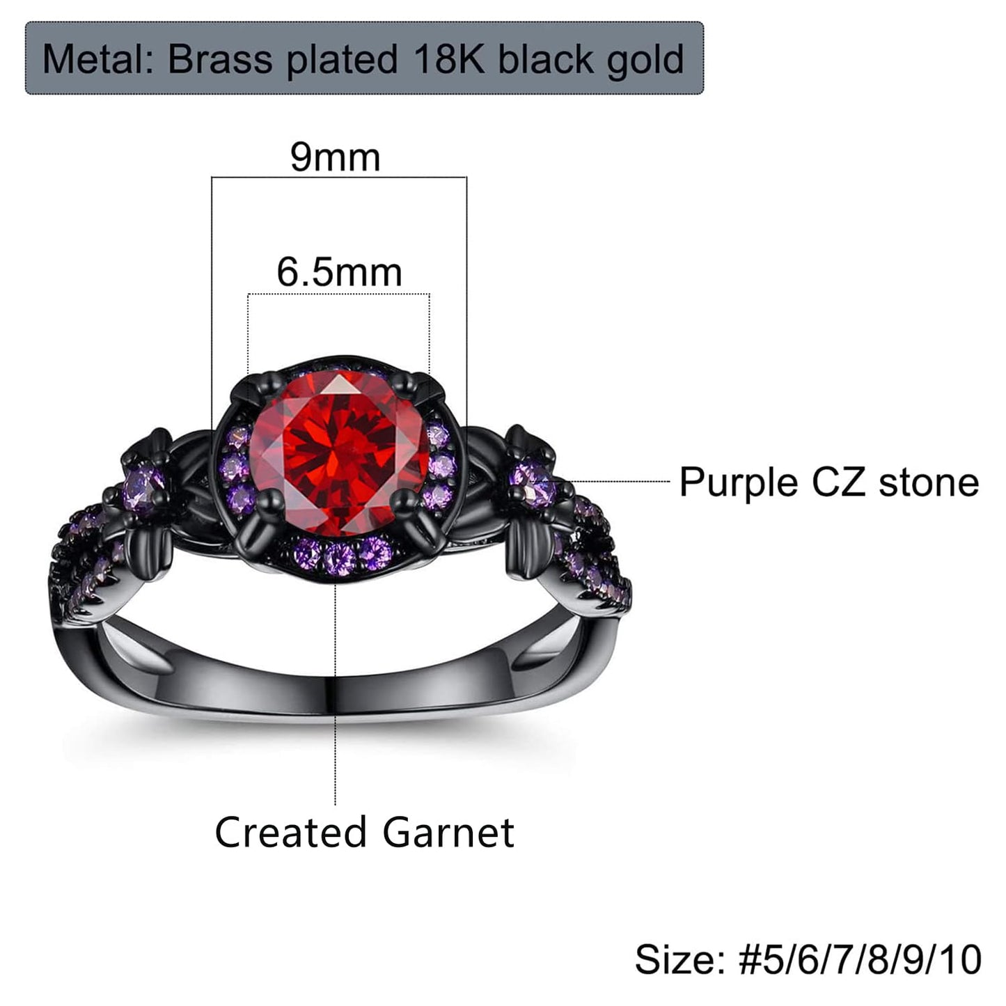 Vintage Black Gold Plated Ring with Created Garnet Gemstone, Purple CZ Accents, Wedding Engagement Band, Sizes 5-10 (8)