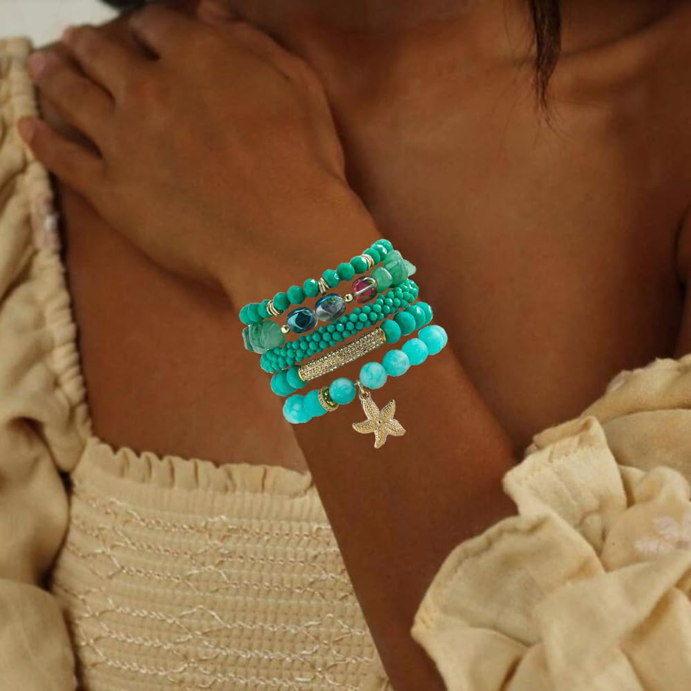 Yomisa Boho Beaded Bracelets for Women,Multilayer Wrap 5PCS Healing Natural Stone Bead Bracelets Handmade Stackable Friendship Stretchy Beaded Bracelet Set Trendy Bohemian Jewelry Gift for Women