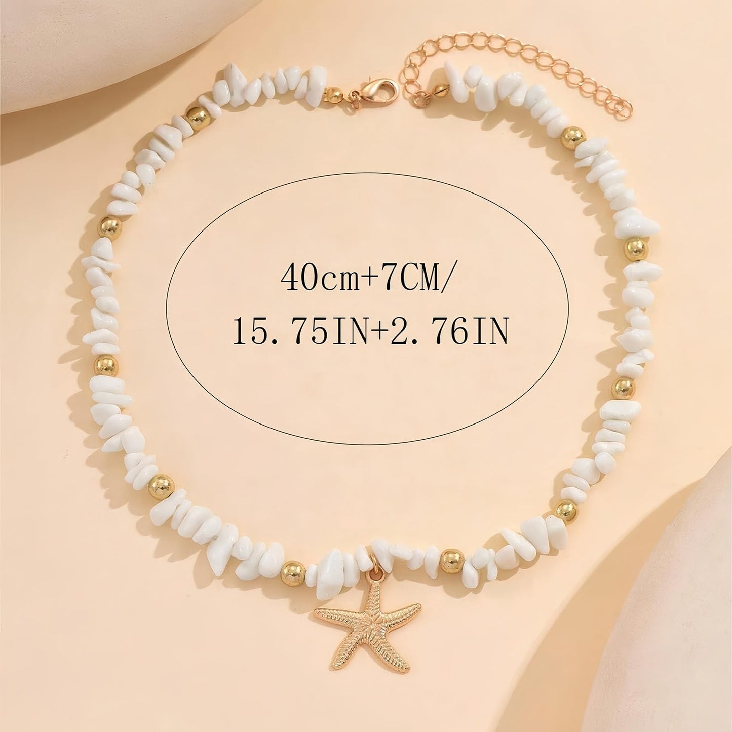 Shell Starfish Necklace for Women, 14k Gold Plated Boho Layered Beaded Charm Pendant Necklace, Dainty Adjustable Pearl Conch Summer Beach Vacation Jewelry Gifts(Crushed)