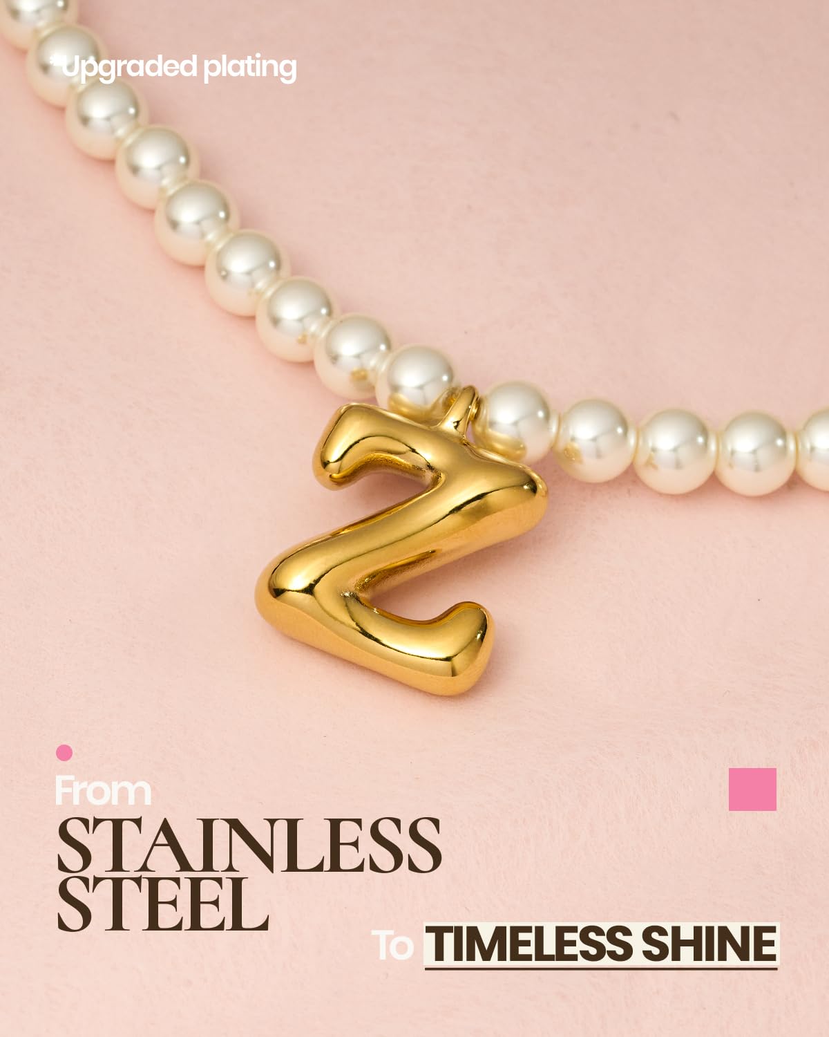 DoDoBeads Pearl Initial Necklace, 18K Gold Plated Stainless Steel Balloon Letter Pendant Z, Non-Tarnish Waterproof Chunky Monogram Jewelry Gifts for Women Teens