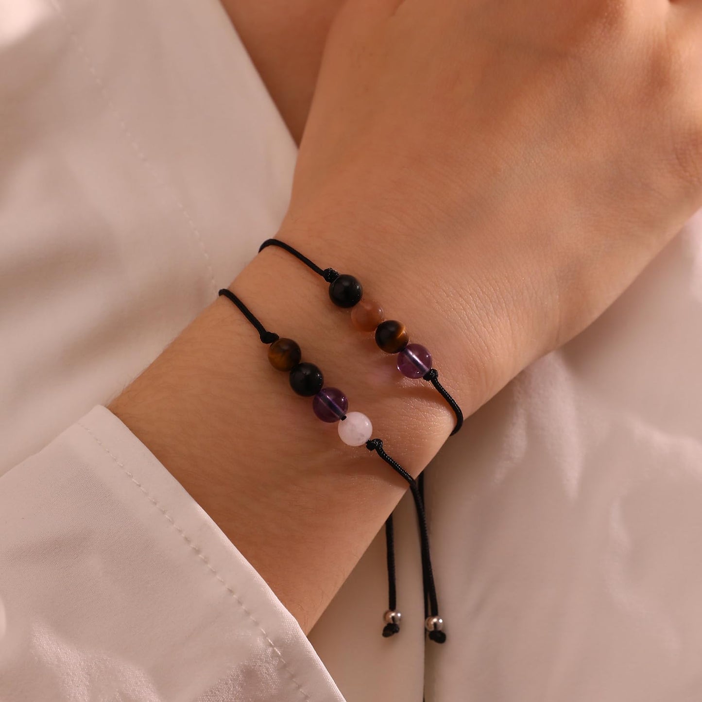 Korotho Protection Bracelet Gifts for Women Men, Black Tourmaline Amethyst Tiger Eye Hematite Natural Healing Stone Triple Protection Bracelets Empath Protections Bracelet for Woman Man Her
