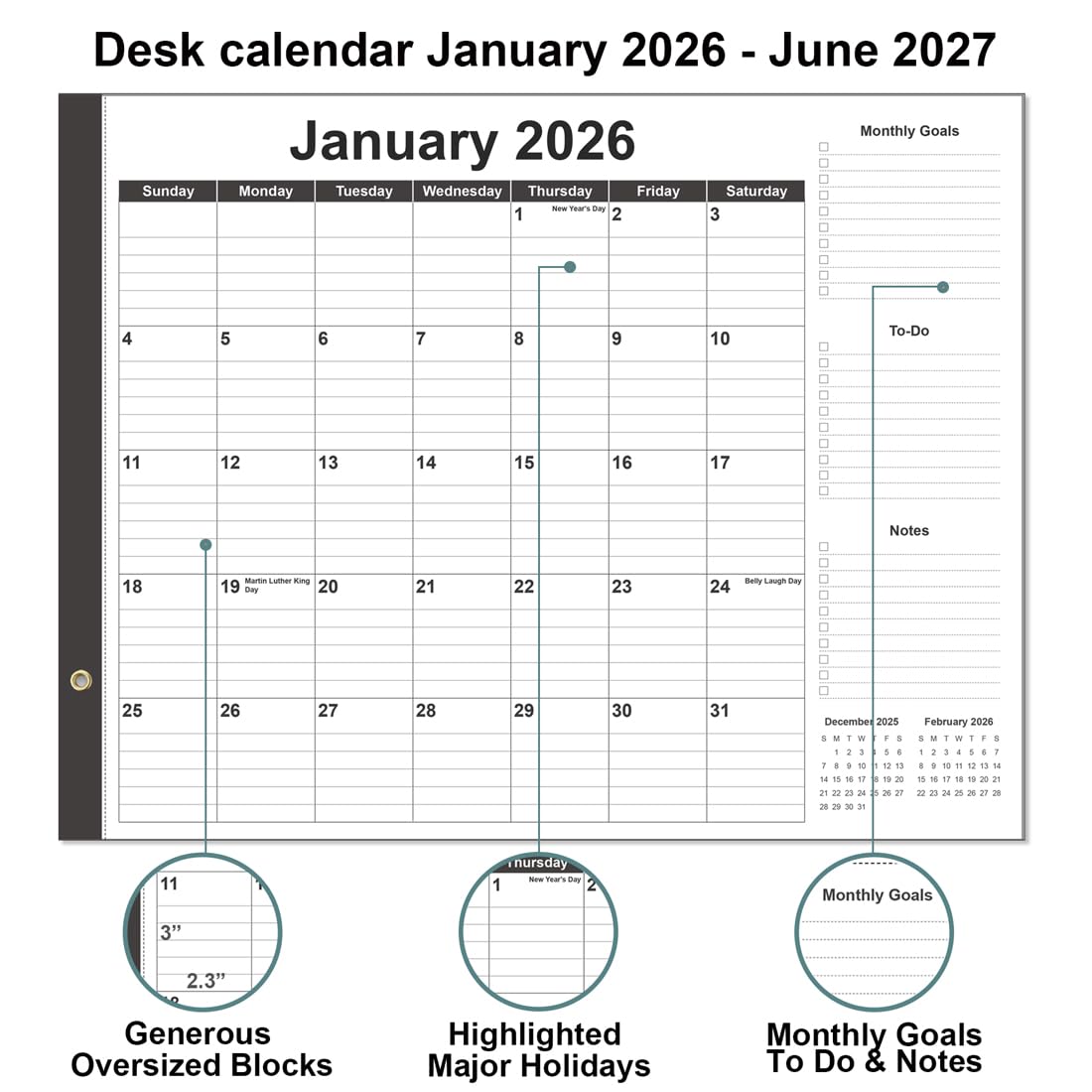 Large Desk Calendar 2026-22" x 17" Desk Calendar from January 2026 - June 2027, Desktop Pad Calendar Perfect for Planning and Organizing In Your Home, School or Office, Black