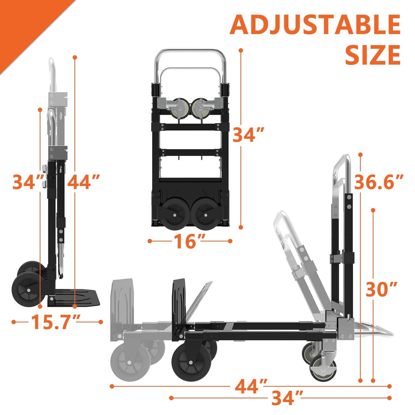 3 in 1 Heavy Duty Folding Hand Truck, Convertible Portable Steel Dolly with Telescopic Handle, Foldable Utility Cart with Rubber Wheels, 500 LBS