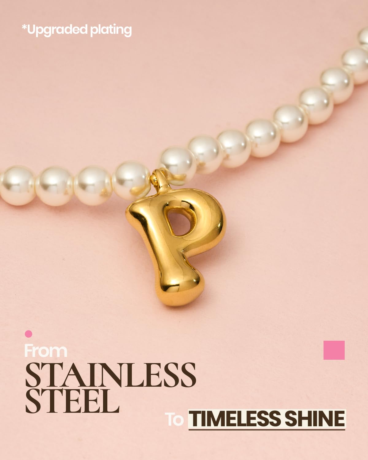 DoDoBeads Pearl Initial Necklace, 18K Gold Plated Stainless Steel Balloon Letter Pendant P, Non-Tarnish Waterproof Chunky Monogram Jewelry Gifts for Women Teens